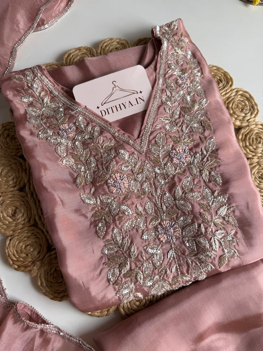 K597 - HO silk handwork Aline Kurti with pants and dupatta
