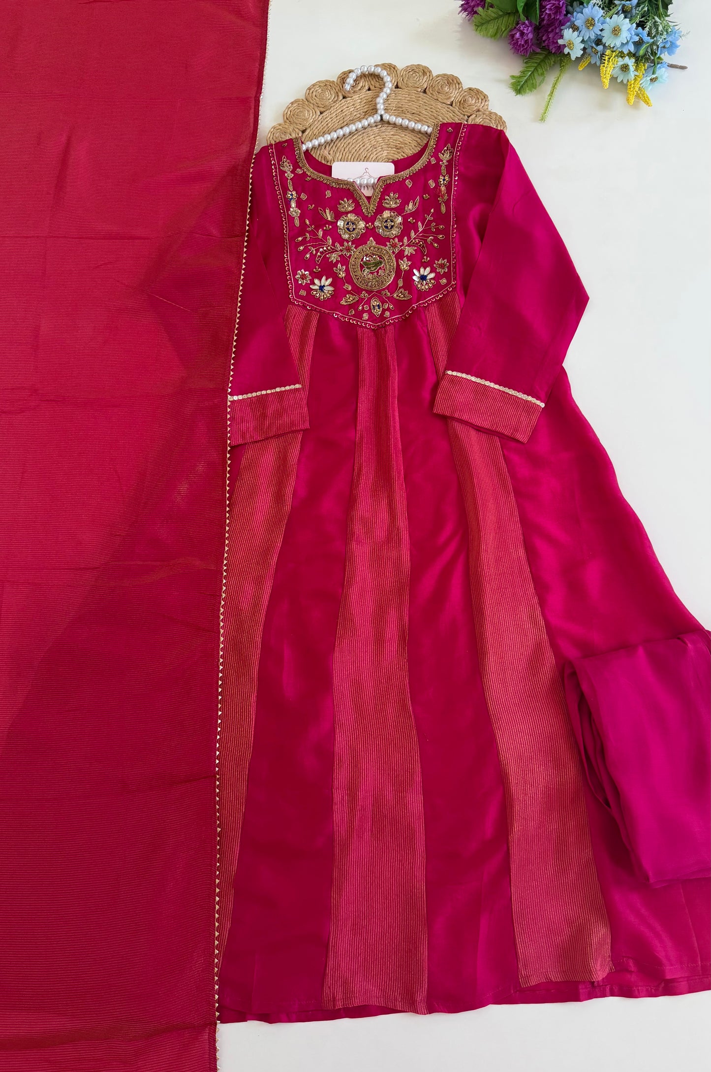 K598 - Mul chanderi & Tissue silk handwork Anarkali with pants and dupatta