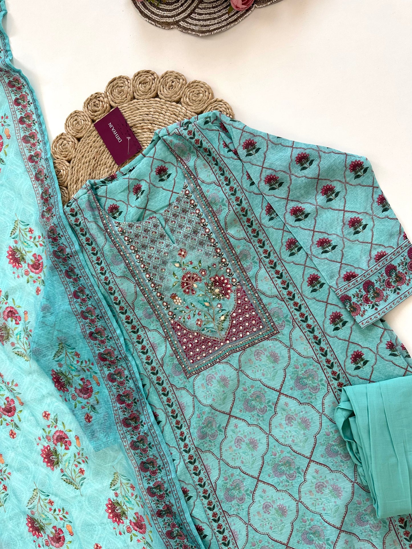 K027 - Soft chanderi handwork straight Kurti with pants and dupatta in 2 colours