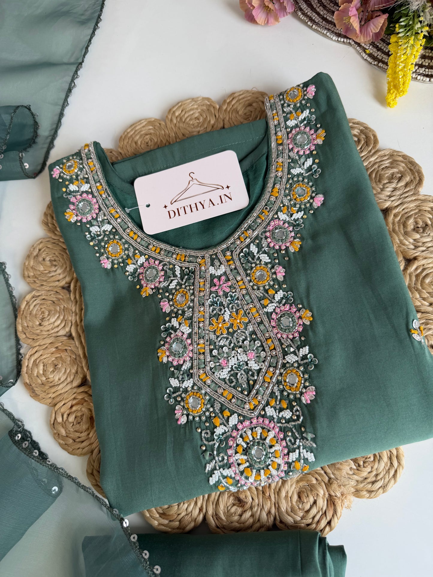 K514 - Roman silk handwork straight Kurti with pants and dupatta