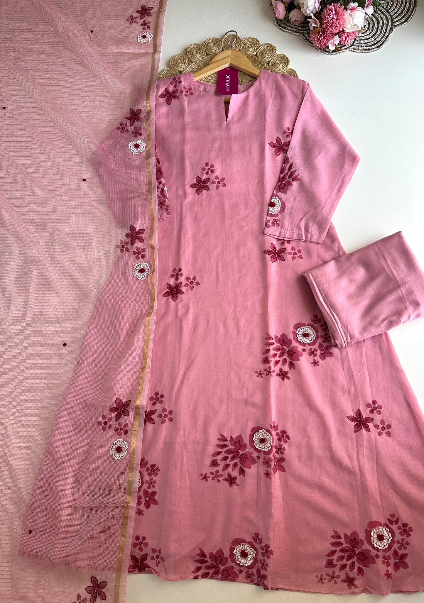 K163 - Mul Chanderi appliqué work Aline Kurti with pants and dupatta