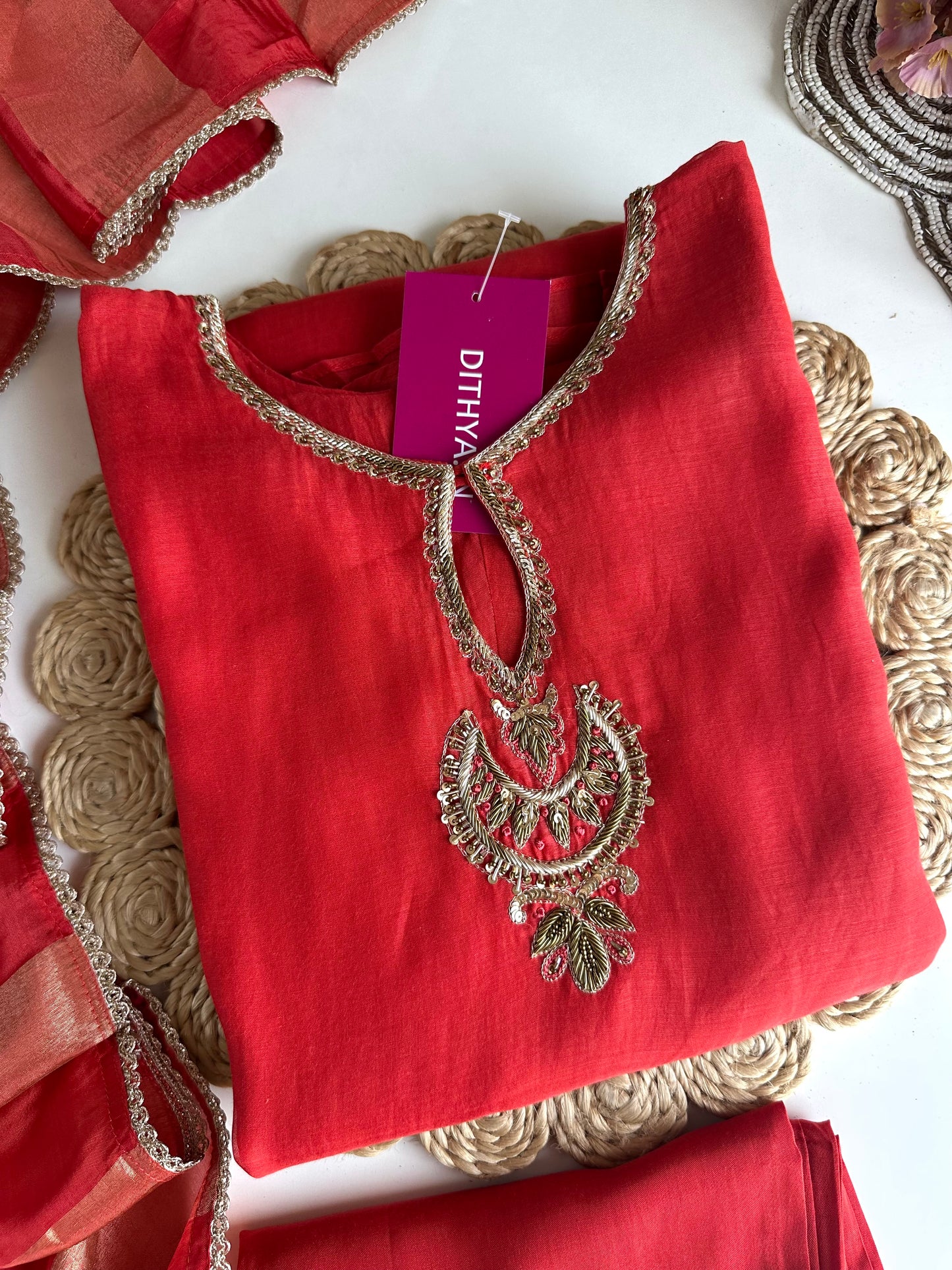 K035 - Mul Chanderi Handwork Aline Kurti with pants and dupatta