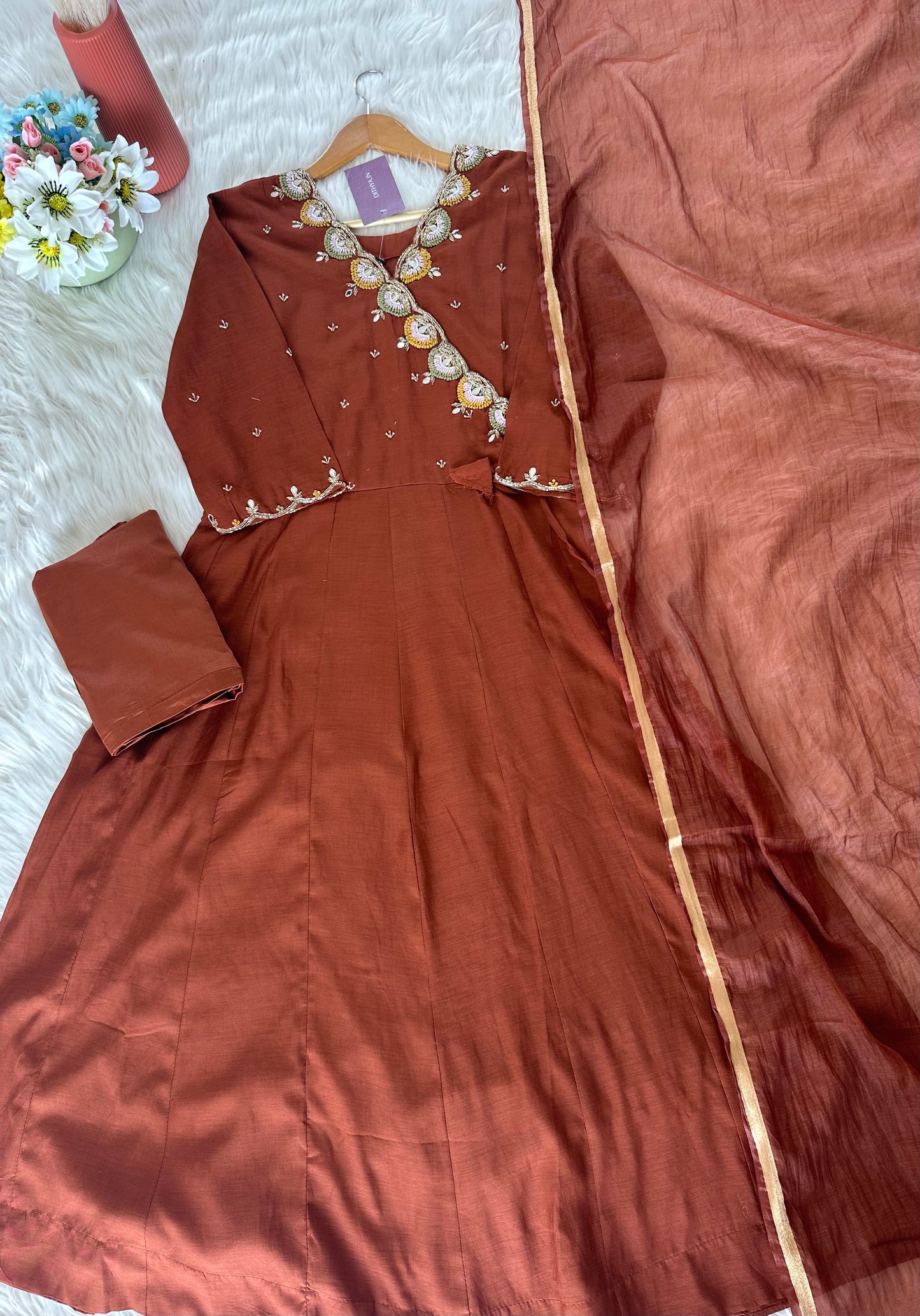 K049 - Mul Chanderi handwork Angrakha Anarkali with pants and dupatta