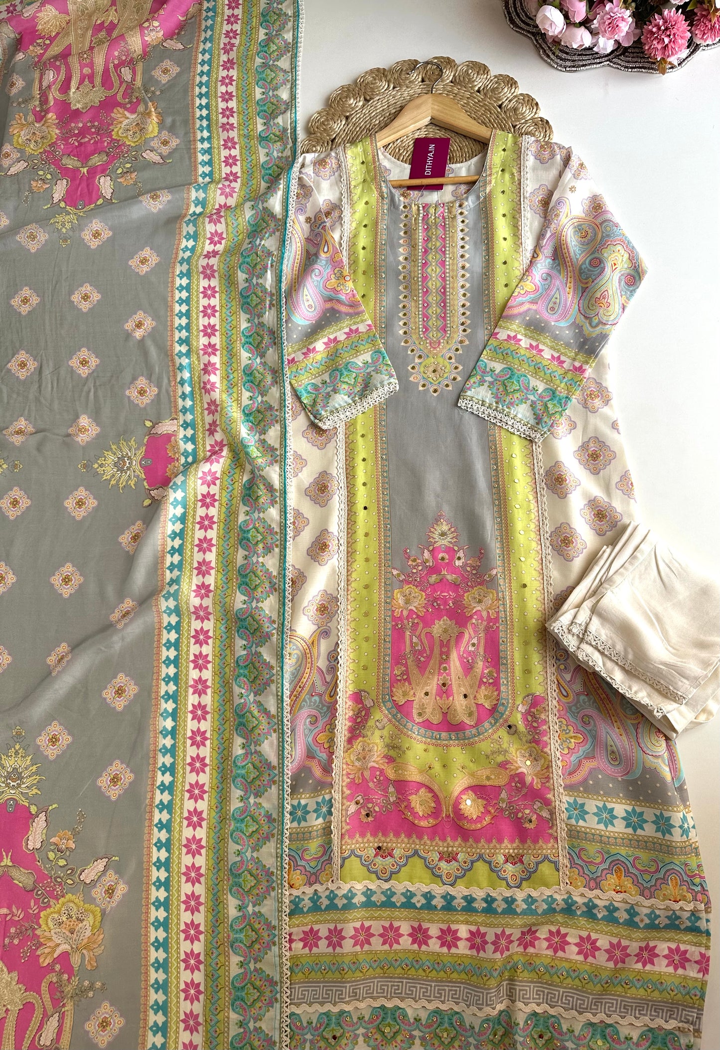 K210 - Pure muslin handwork straight Kurti with pants and dupatta