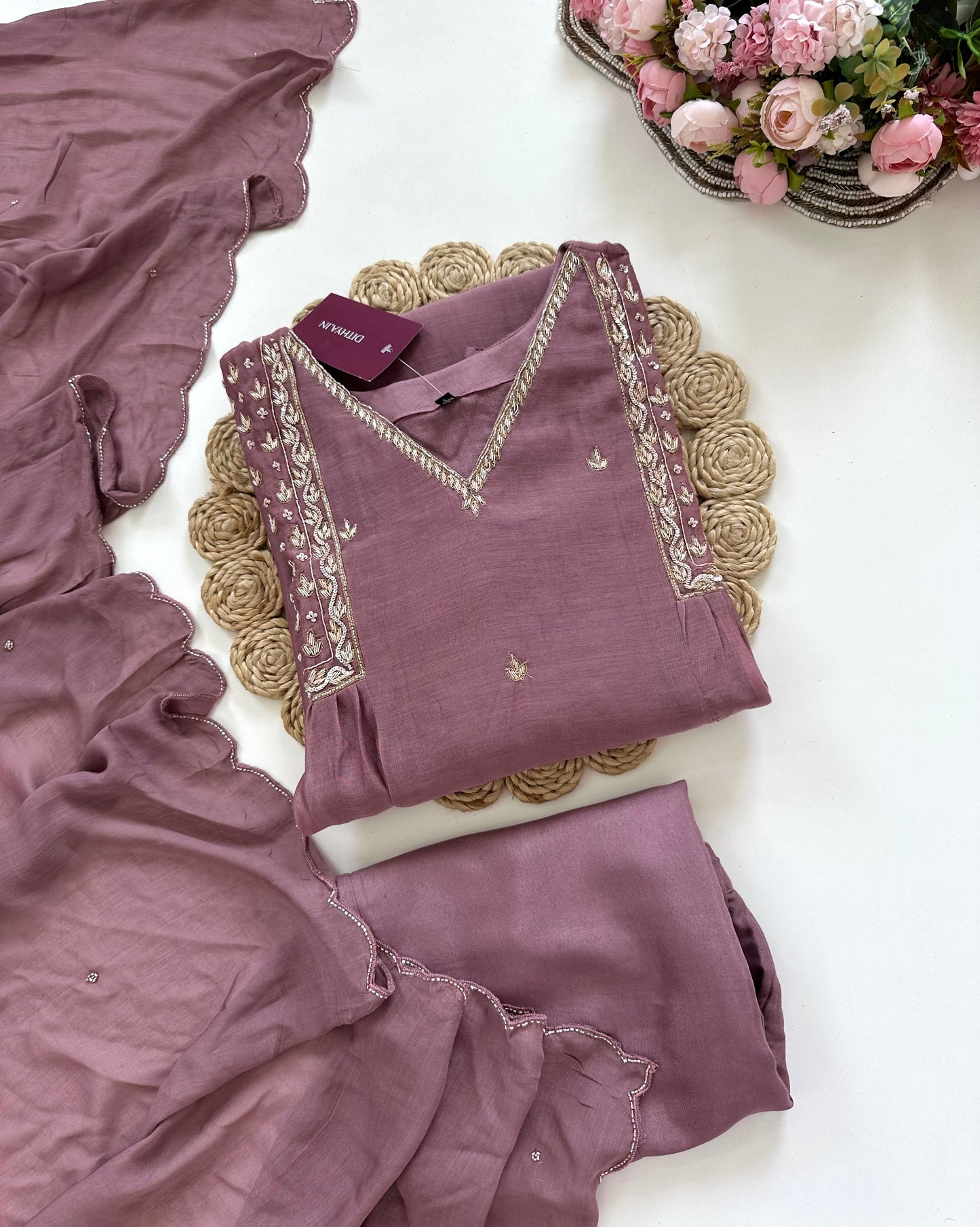 K261 - Mul Chanderi handwork Anarkali with pants and dupatta in 2 colours