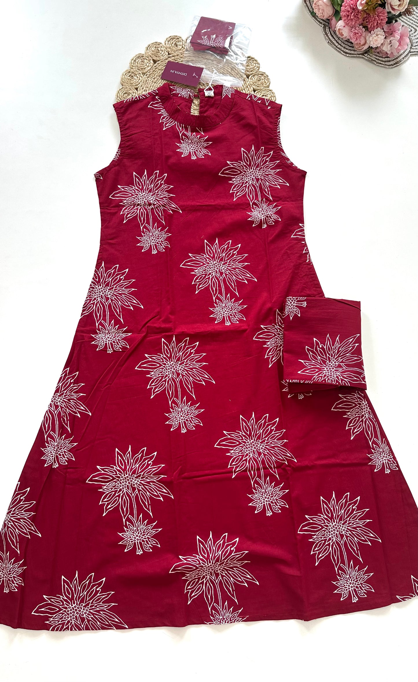 K110 - Cotton sleeveless Aline Kurti with pants in 2 prints