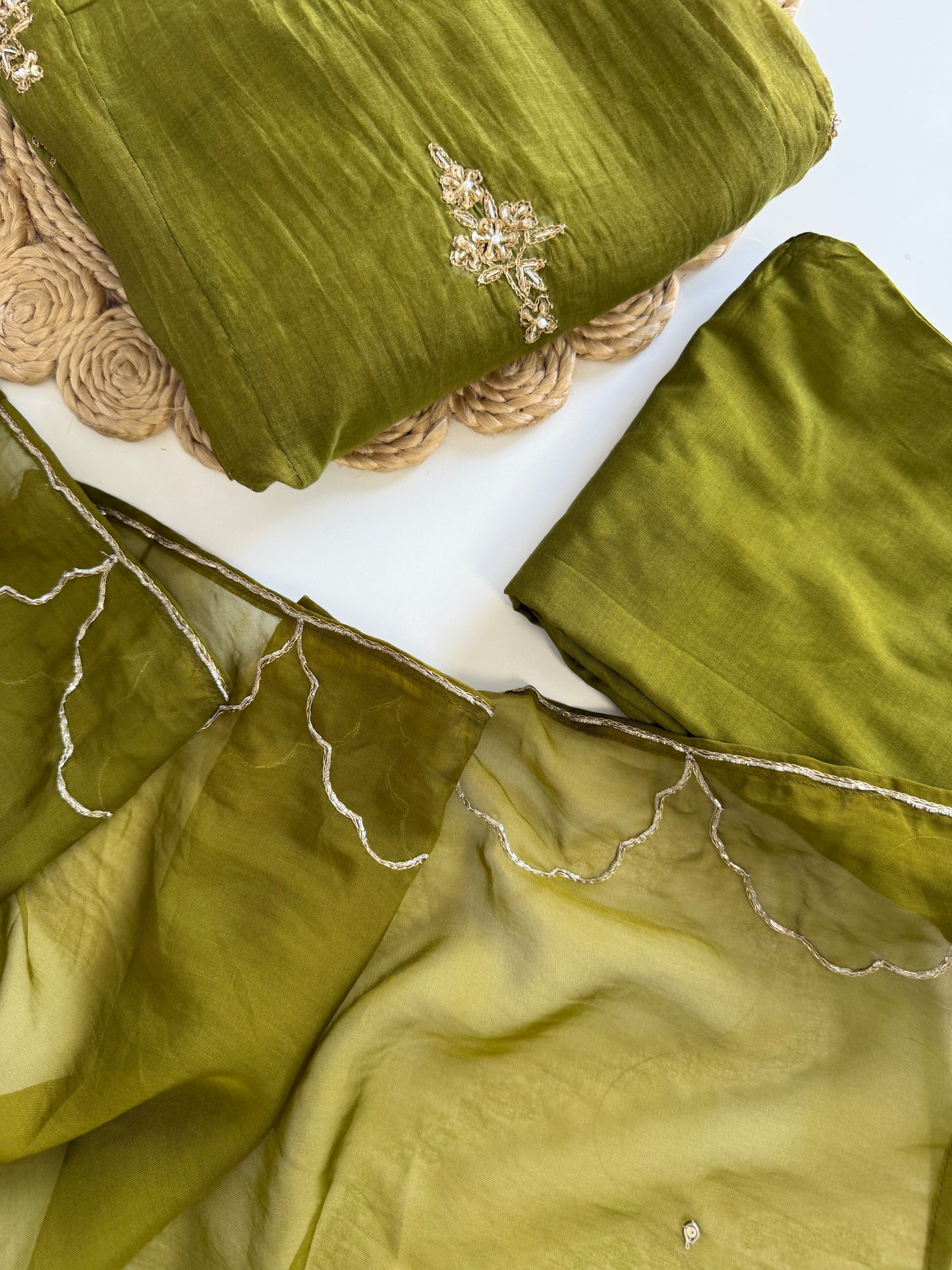 K551 - Mul chanderi handwork Aline Kurti with pants and dupatta