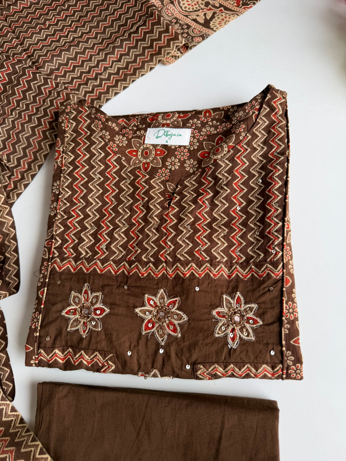 K076 - Mul cotton printed embroidered Aline Kurti with pants and dupatta