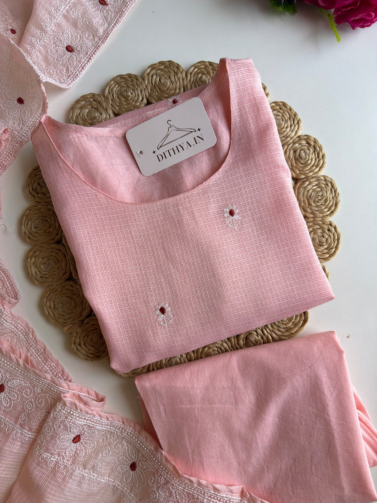 K545 - Kota doriya embroidered straight Kurti with pants and dupatta