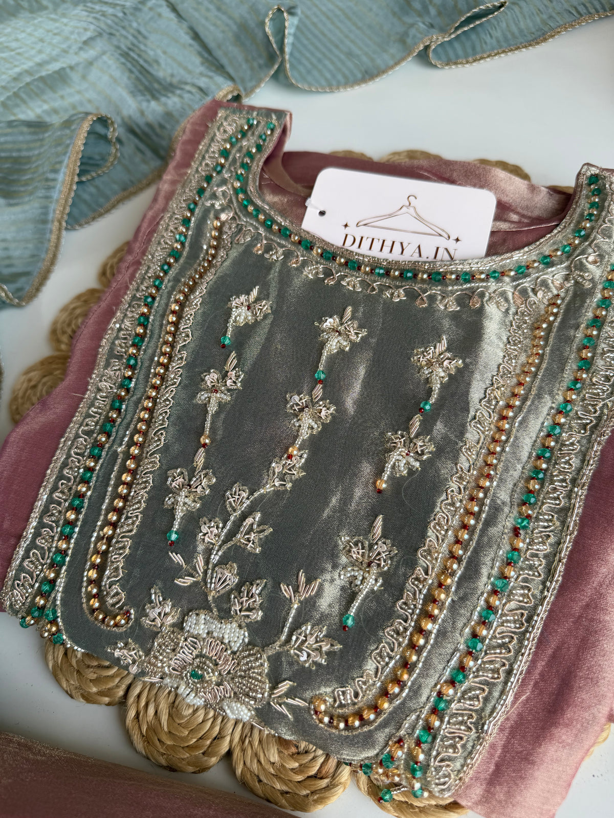 K470 - Tissue silk handwork Anarkali with pants and dupatta