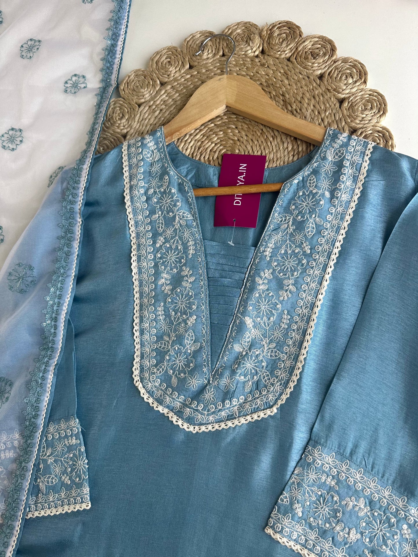 K028 - Russian silk embroidered straight Kurti with pants and dupatta