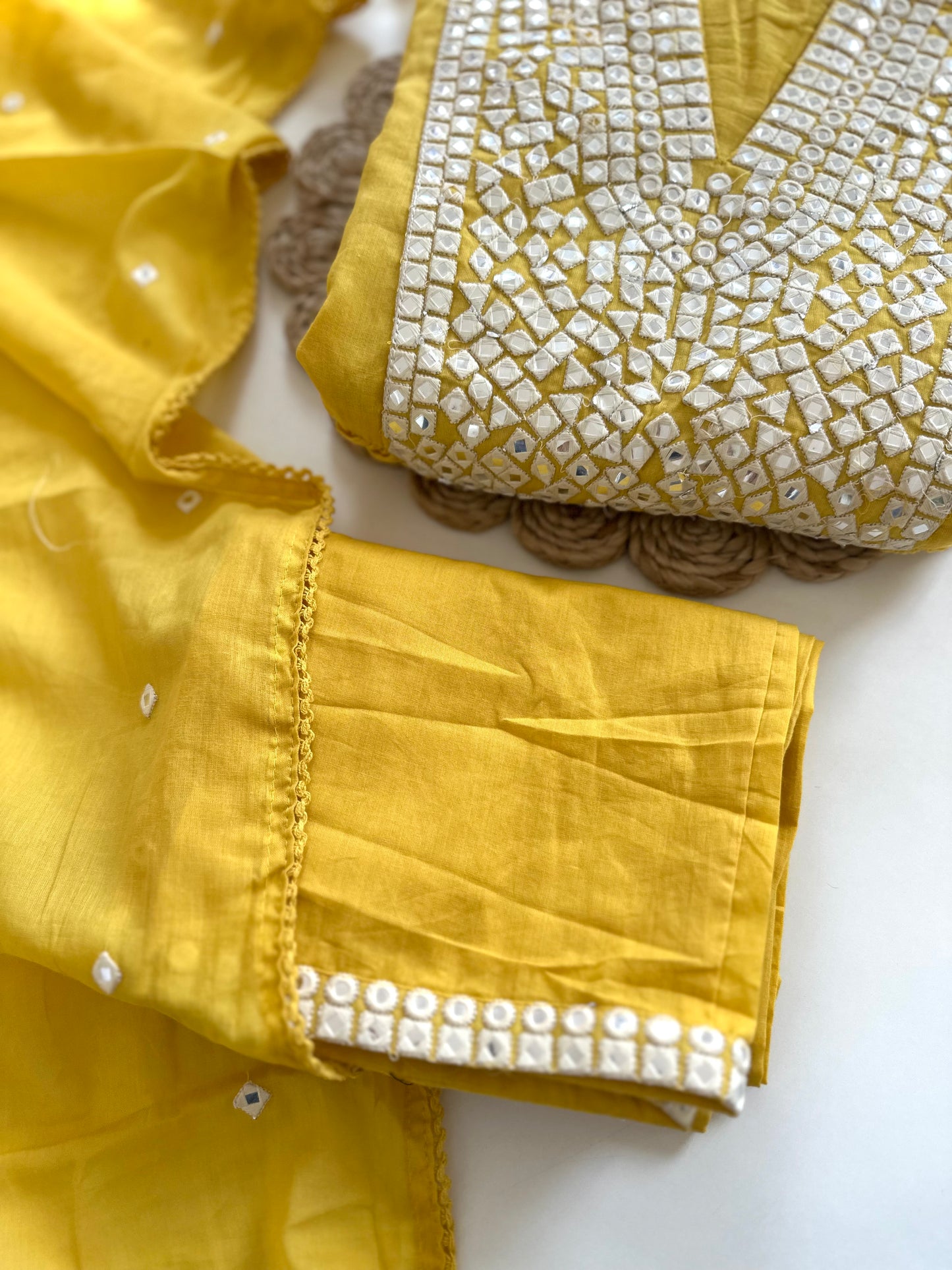 K116 - Mul mul cotton mirror work Anarkali with pants and dupatta in 2 colours
