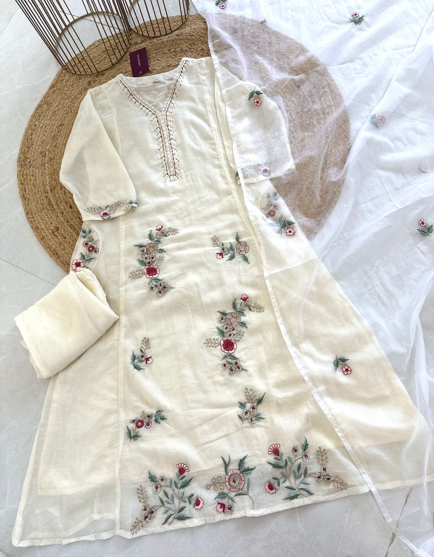 K340 - Mulmul chanderi embroidered Aline Kurti with pants and dupatta .