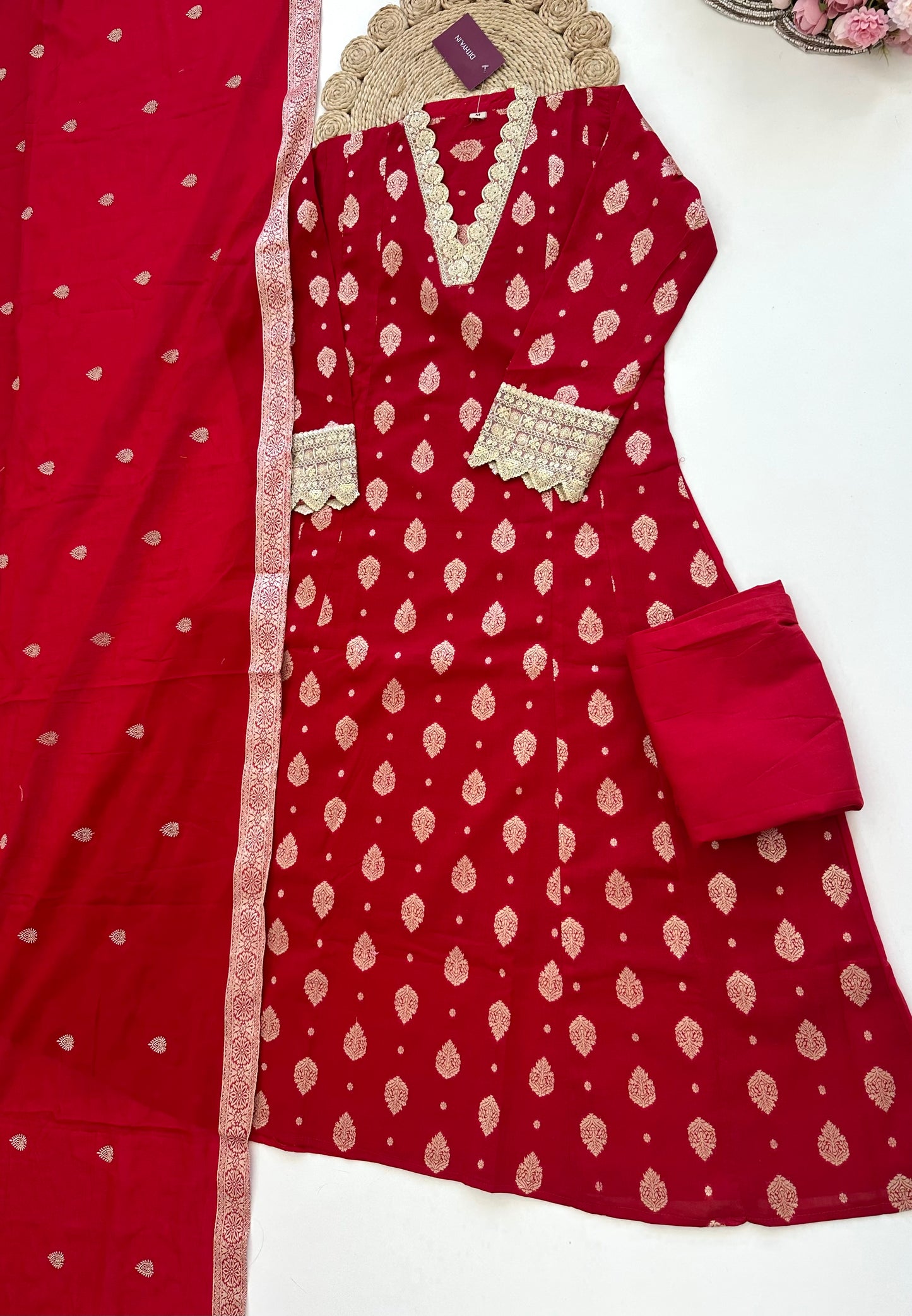K094 - Cotton Jacquard Aline Kurti with pants and dupatta in 3 colours.