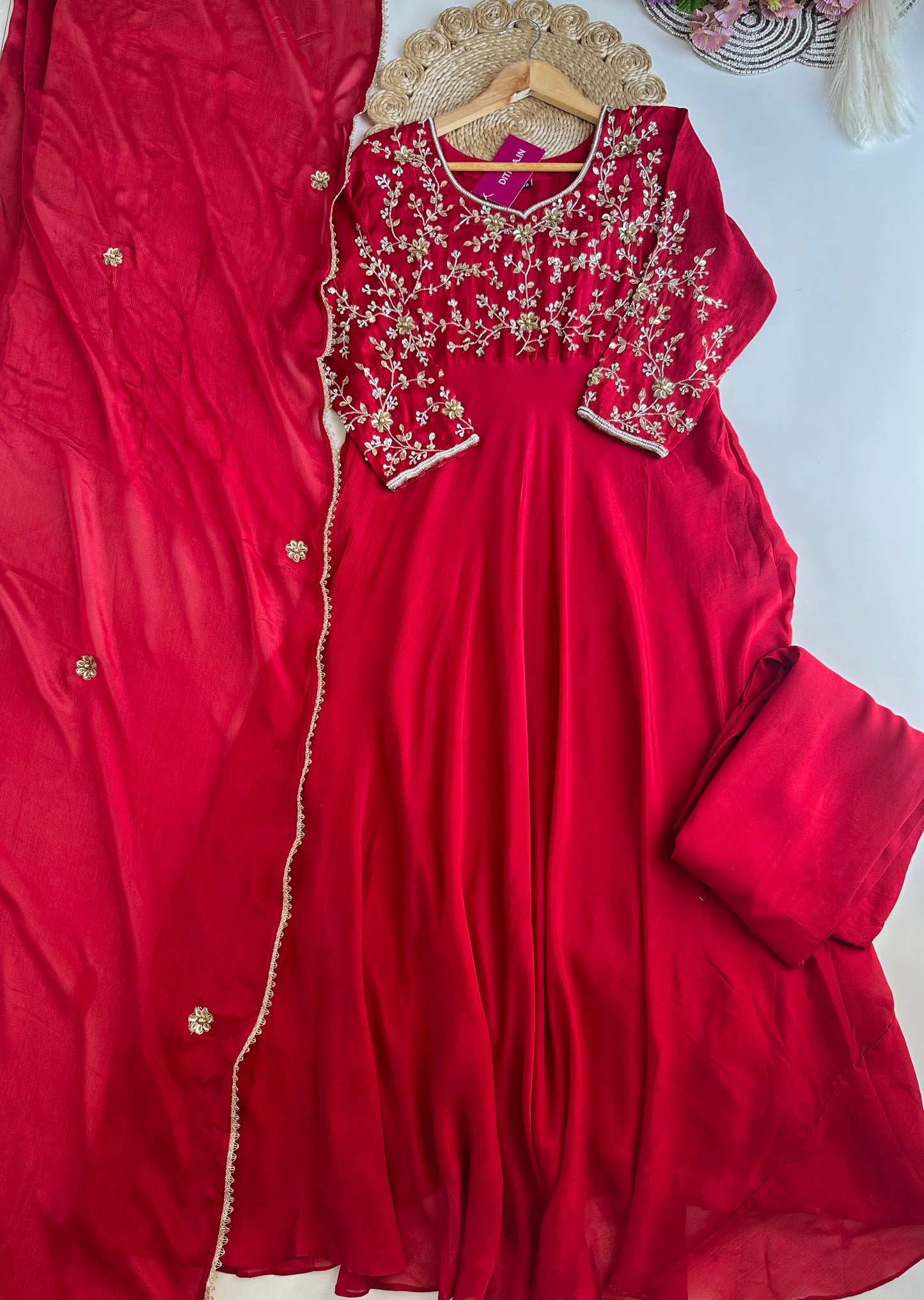 K158 - Pure Chinnon heavy handwork Anarkali with pants and dupatta