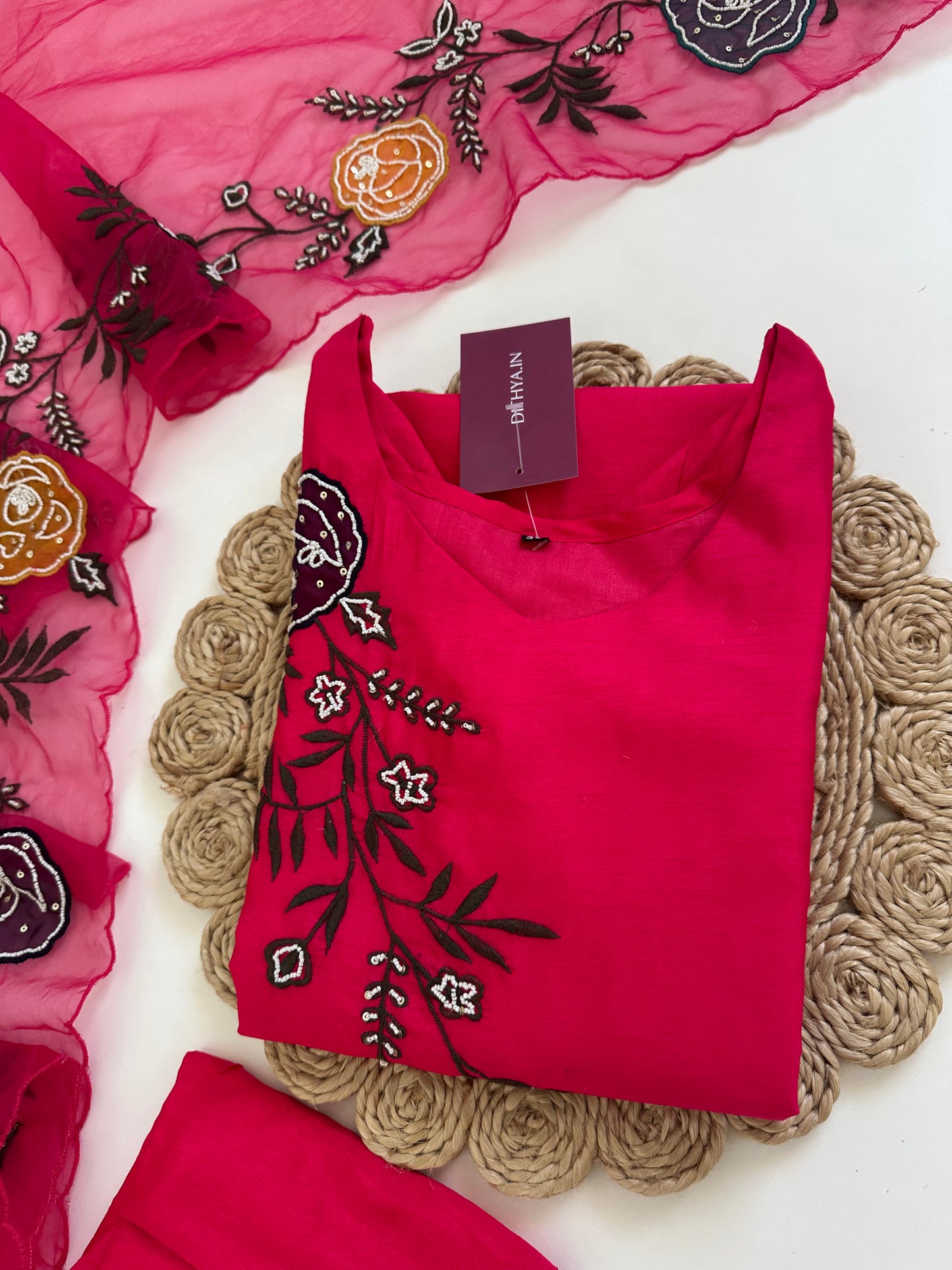 K074 - Russian silk Handwork straight kurti with pants and organza dupatta .