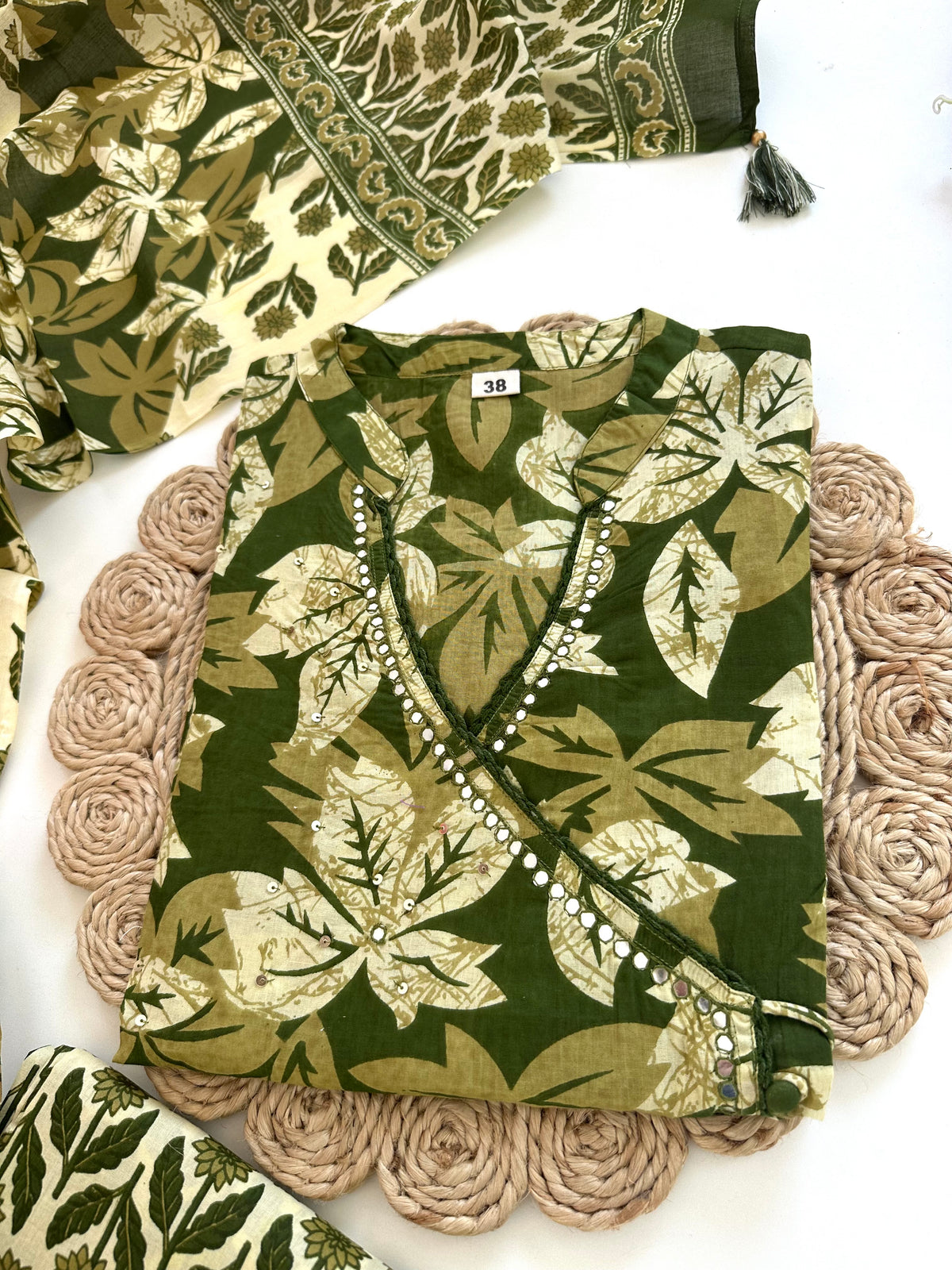K301 - Cotton Angrakha straight kurti with pants and dupatta