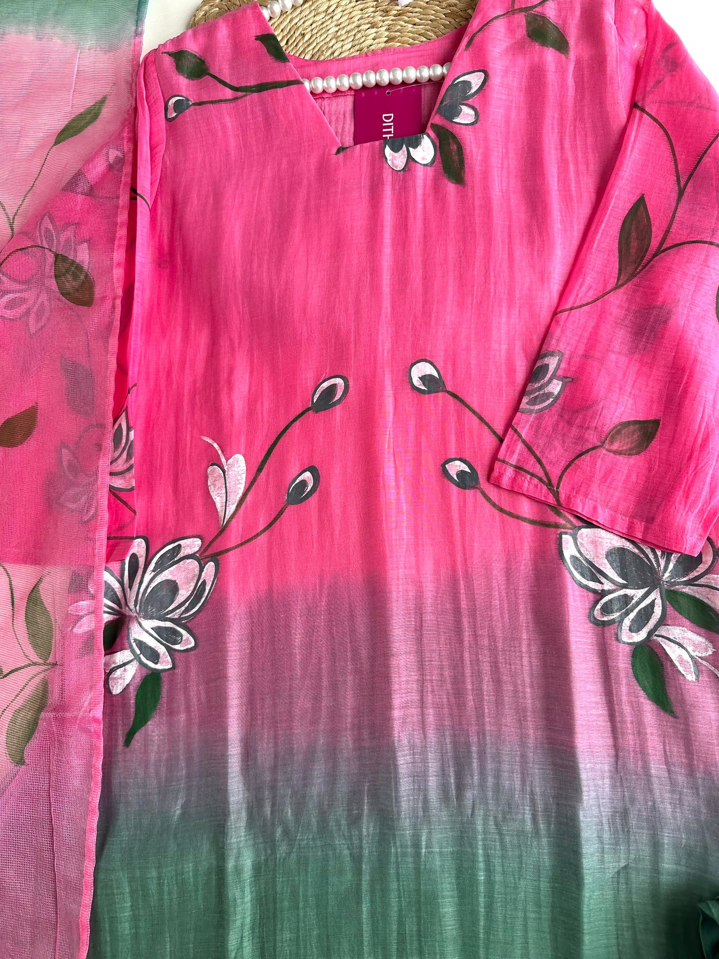 K257 - Mul Chanderi ombré handpainted Aline Kurti with pants and dupatta