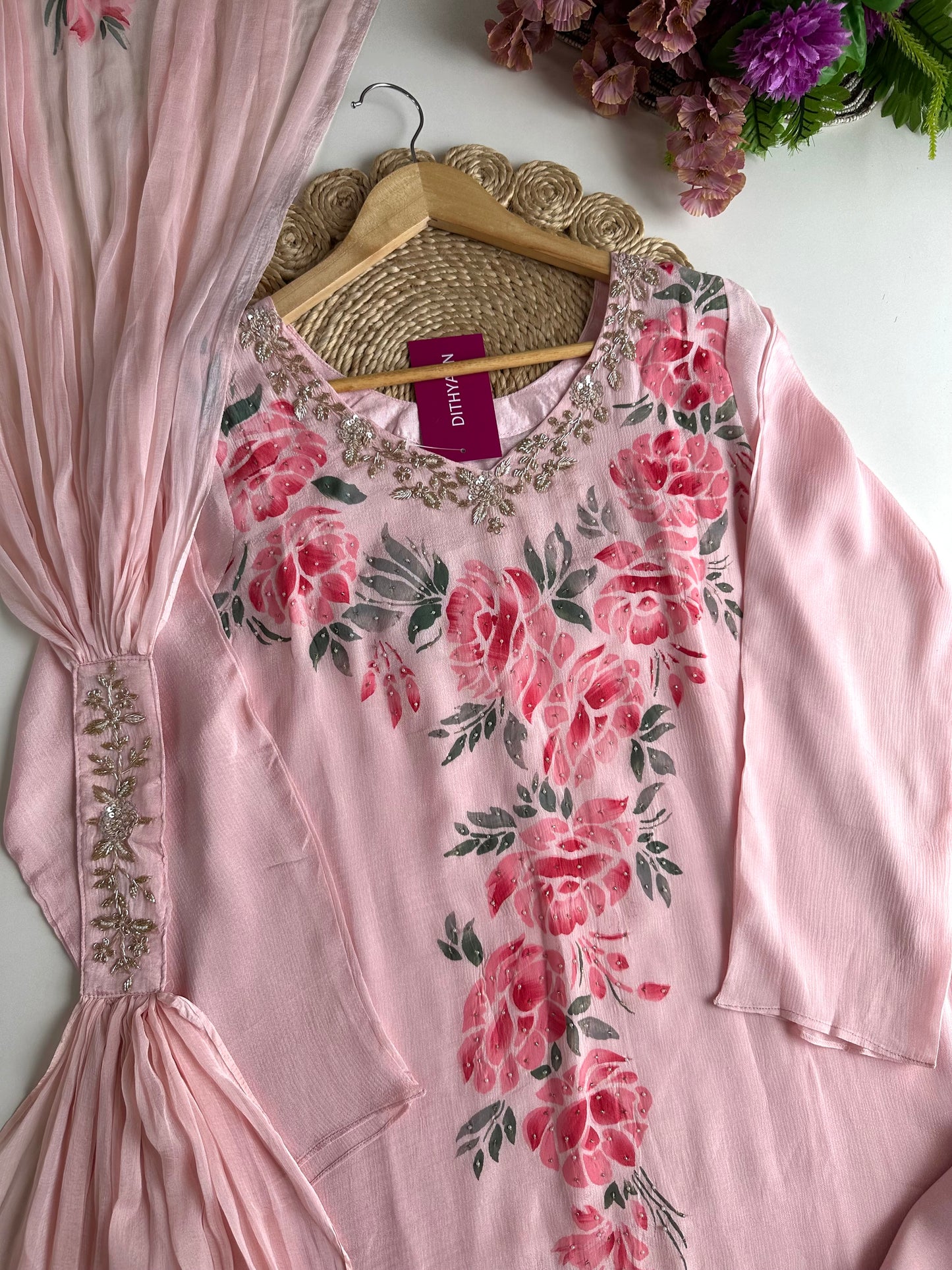 K395 - Chinnon Handwork Aline Kurti with pants and dupatta