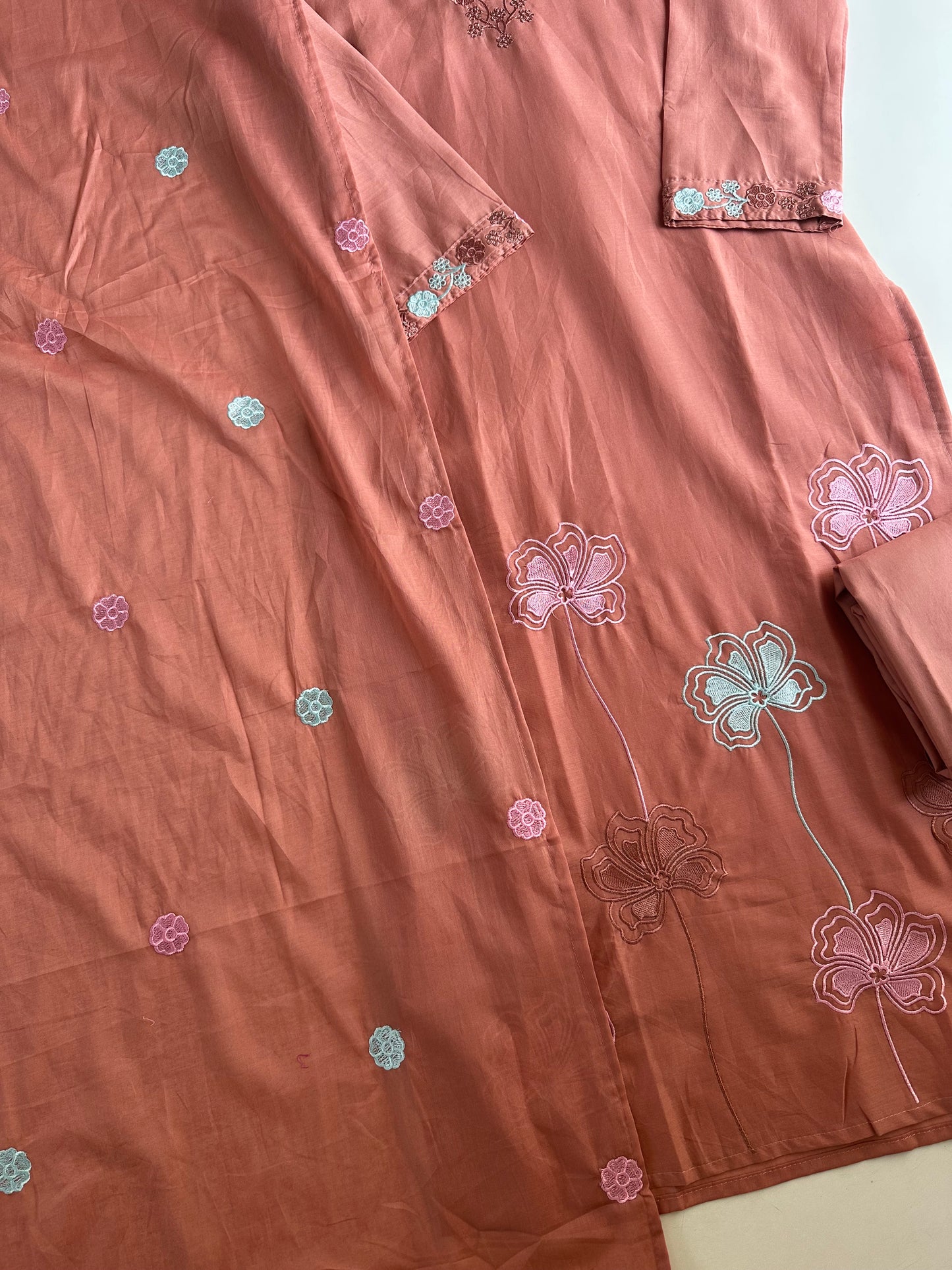 K131 - Mul cotton embroidered straight Kurti with pants and dupatta