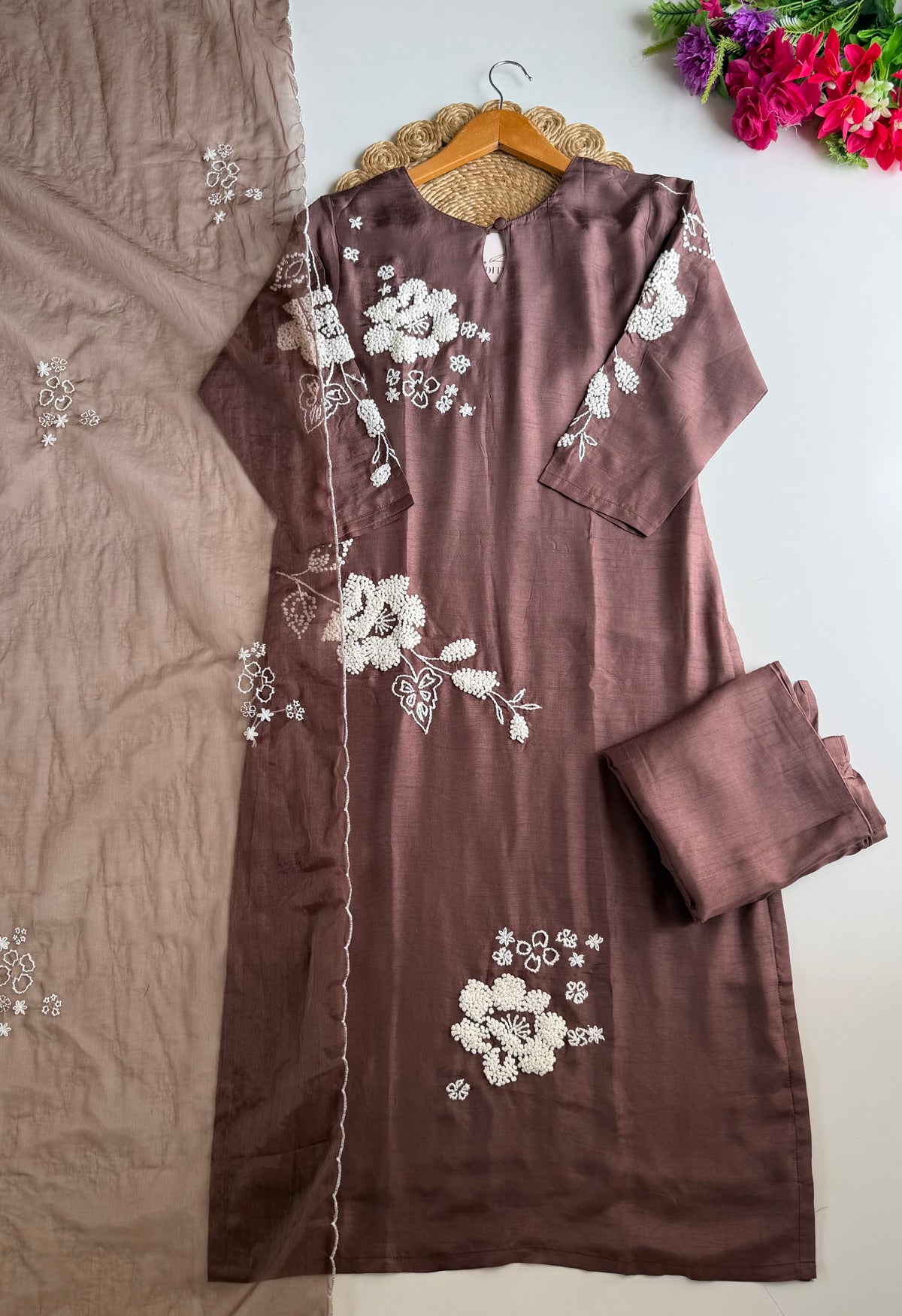 K634 - Russian silk embroidered straight Kurti with pants and dupatta