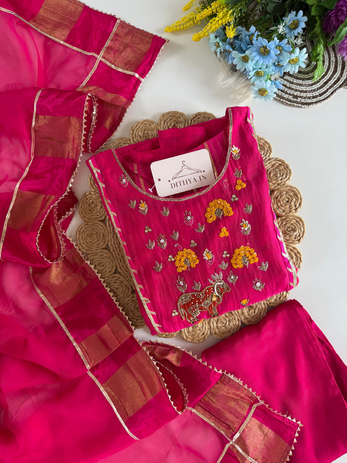 K397 - Mul chanderi handwork Anarkali with pants and dupatta