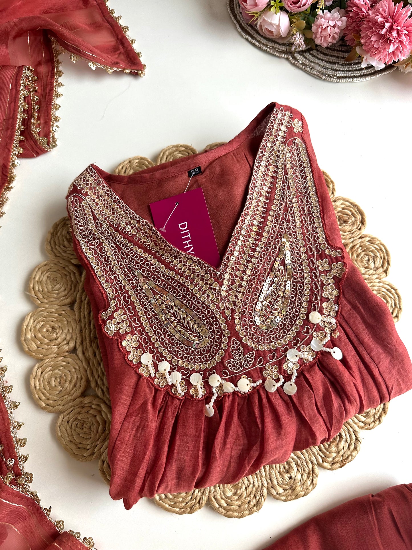 K093 - Mul Chanderi handwork Aline Kurti with pants and dupatta in 2 colours