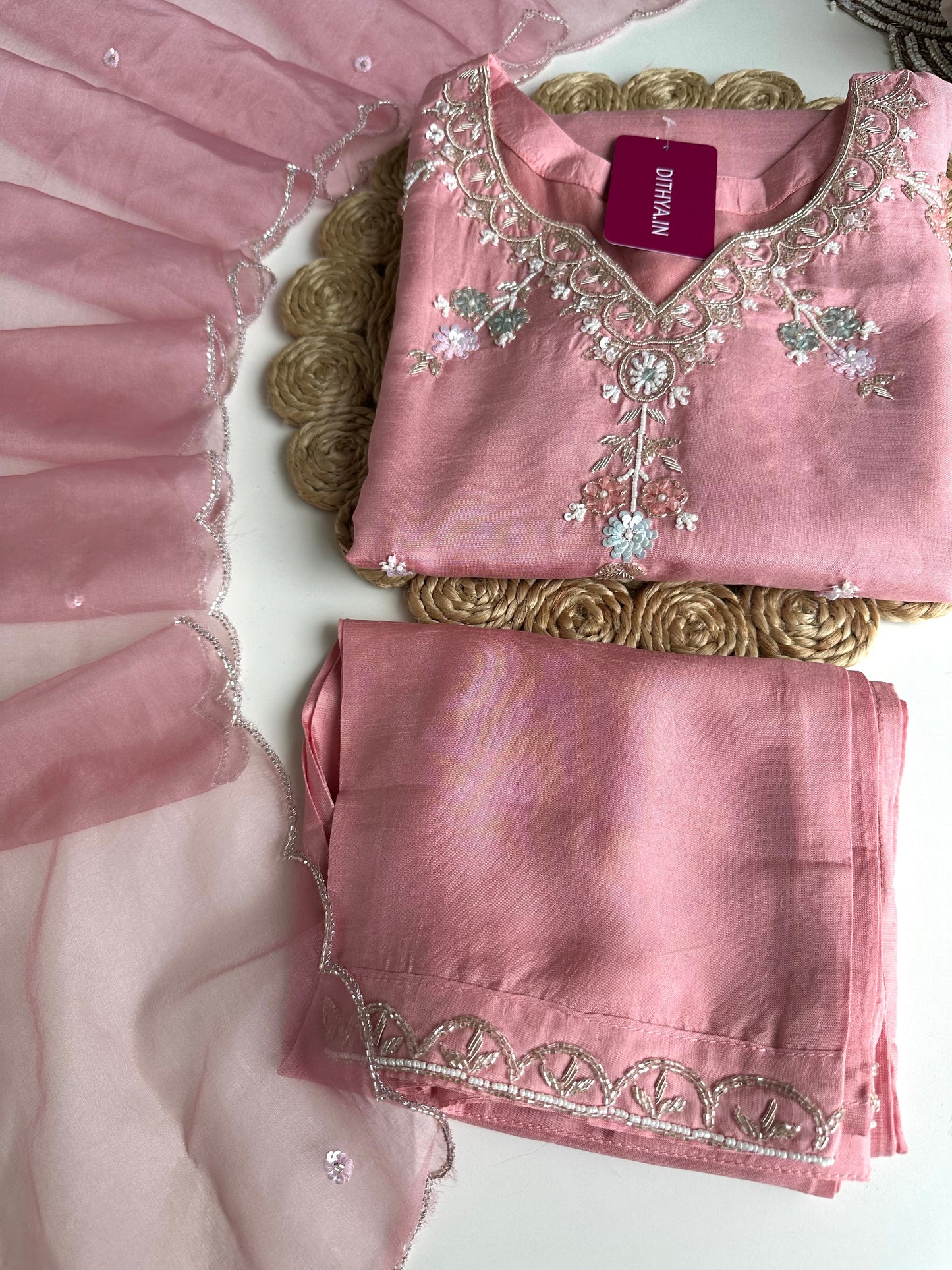 K052 - Russian silk handwork short Kurti with pants and dupatta