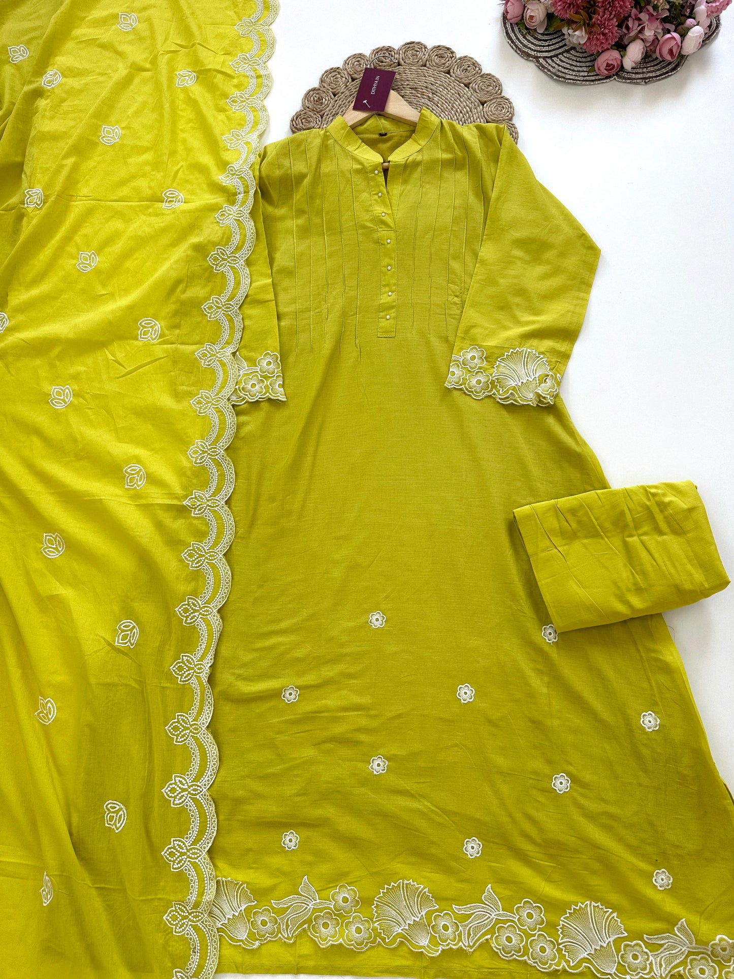 K089 - Mulmul cotton embroidered Anarkali with pants and dupatta in 2 colours