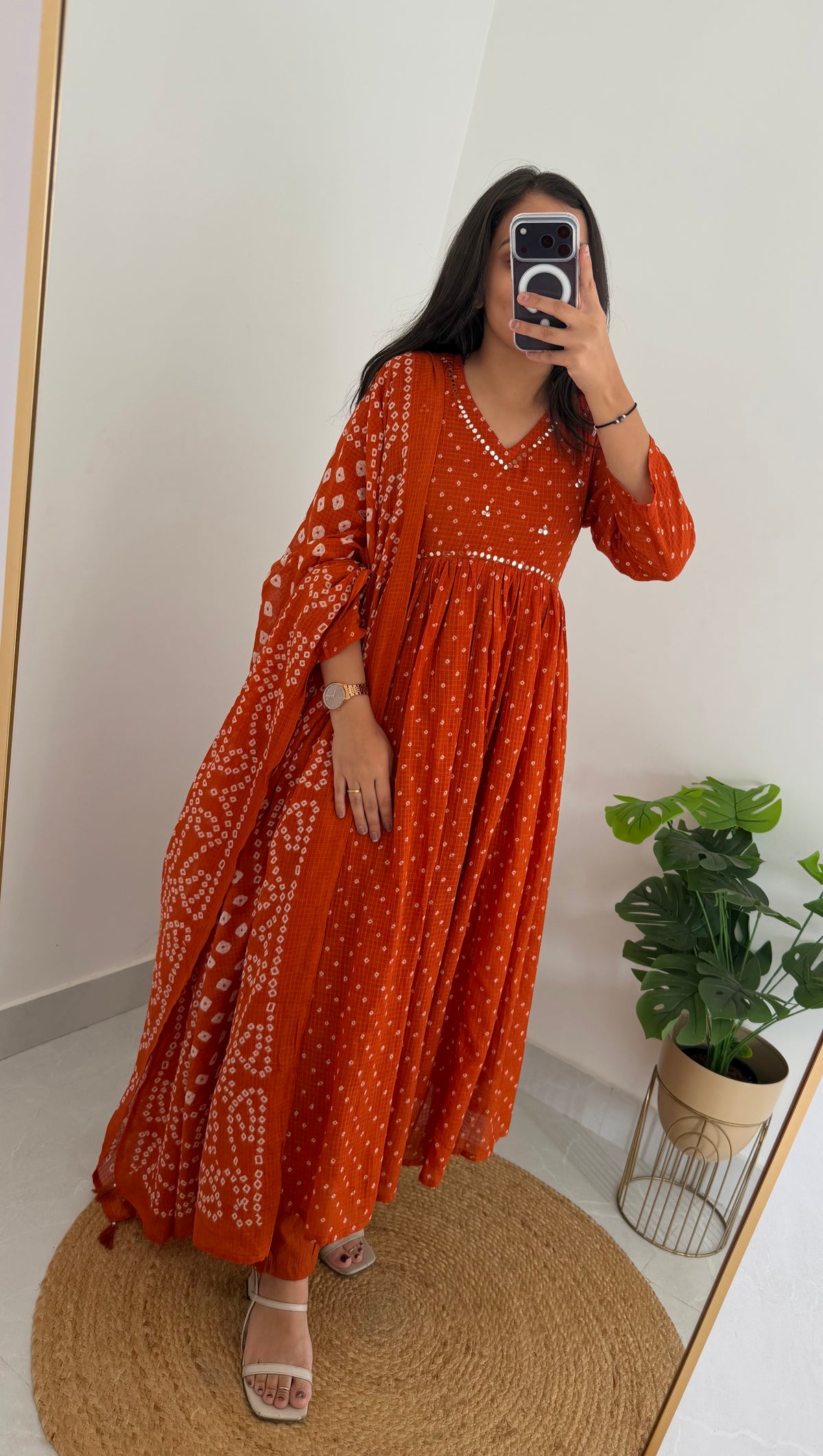 K017 - Kota doriya bandhini mirror work Anarkali with pants and dupatta in 3 colours