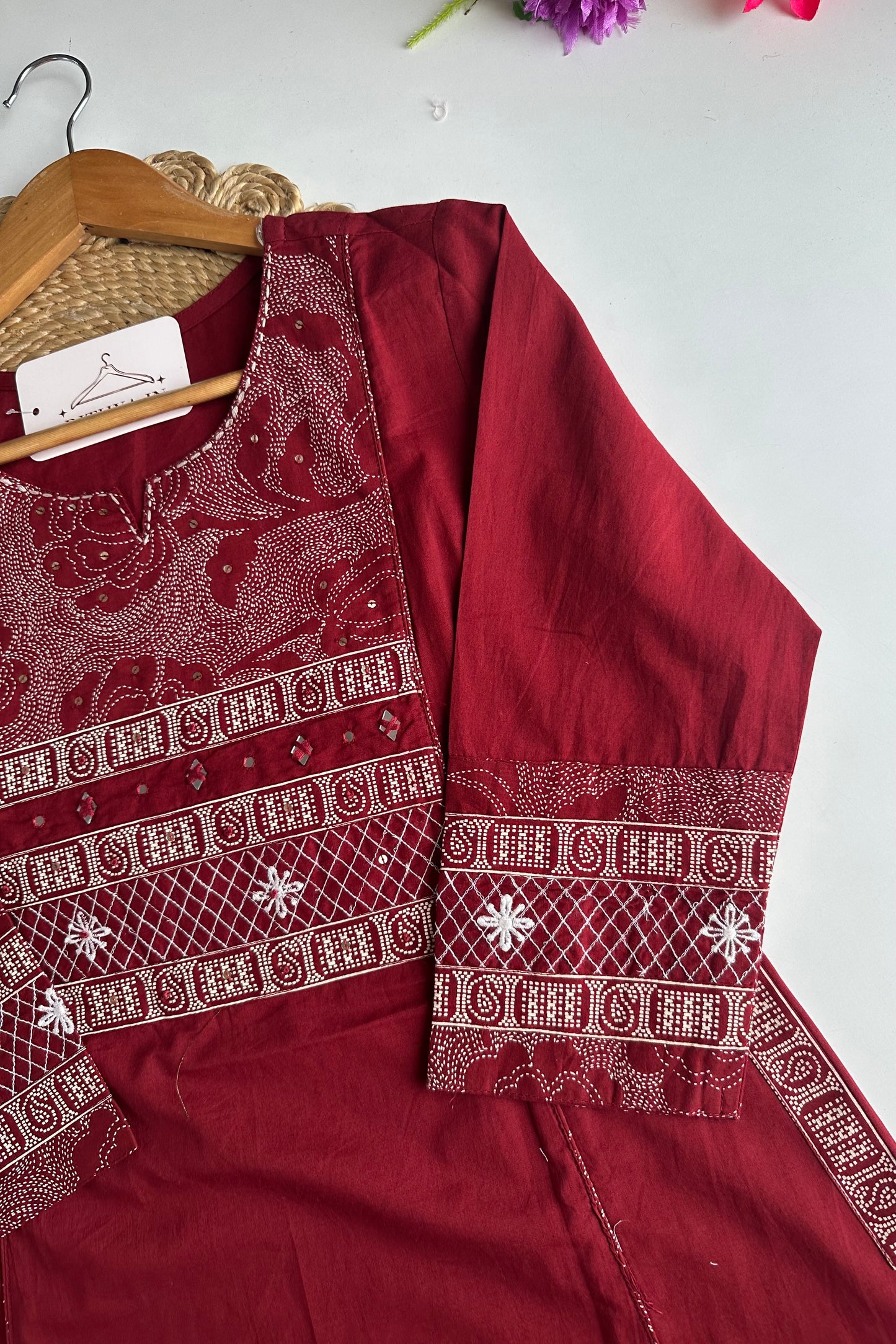 K669 - Mul cotton embroidered Aline Kurti with pants and dupatta