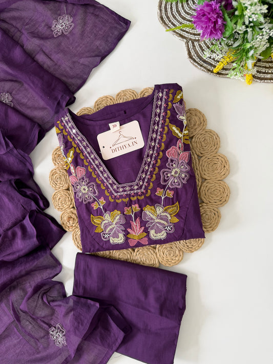 K100 - Mul cotton embroidered aline Kurti with pants and dupatta in 2 colours
