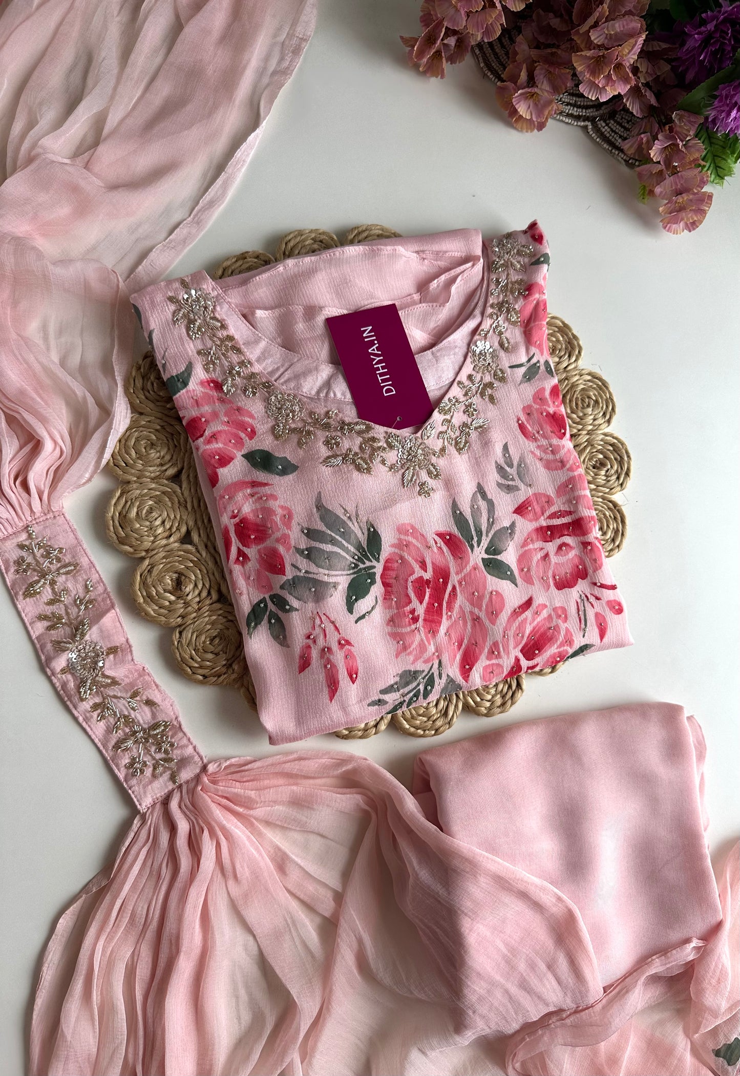K395 - Chinnon Handwork Aline Kurti with pants and dupatta