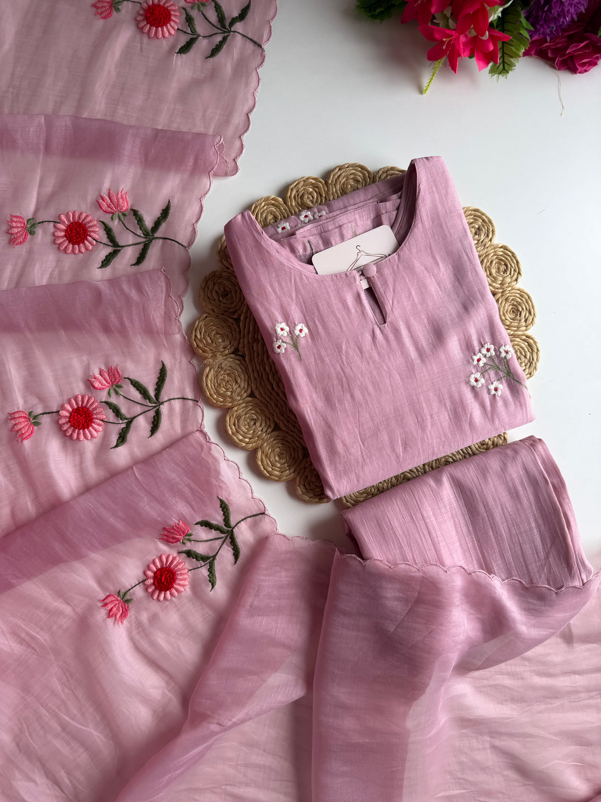 K632 - Mul Chanderi 3D appliqué work straight Kurti with pants and dupatta