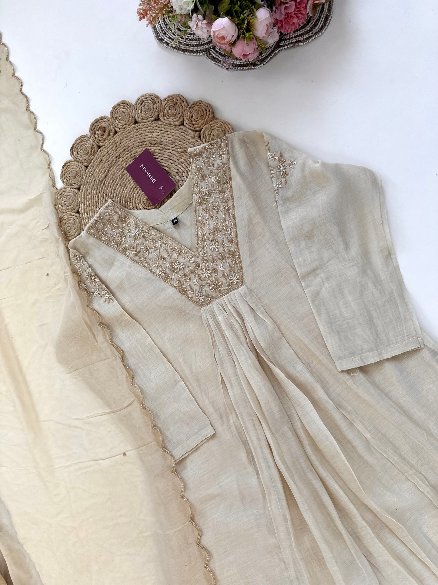 K191 - Mul Chanderi handwork Aline Kurti with pants and dupatta in 3 colours