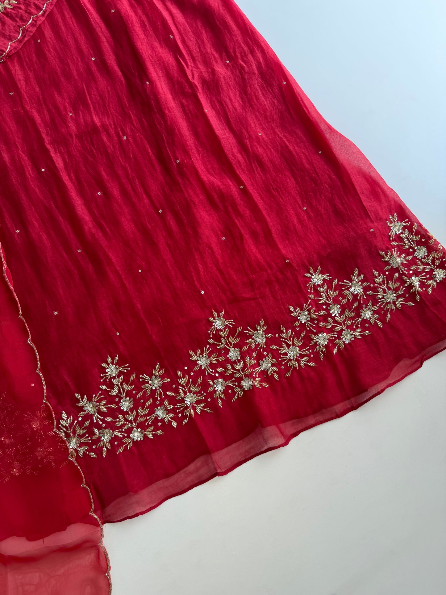 K529 - Mul chanderi handwork Aline Kurti with pants and dupatta in 2 colours