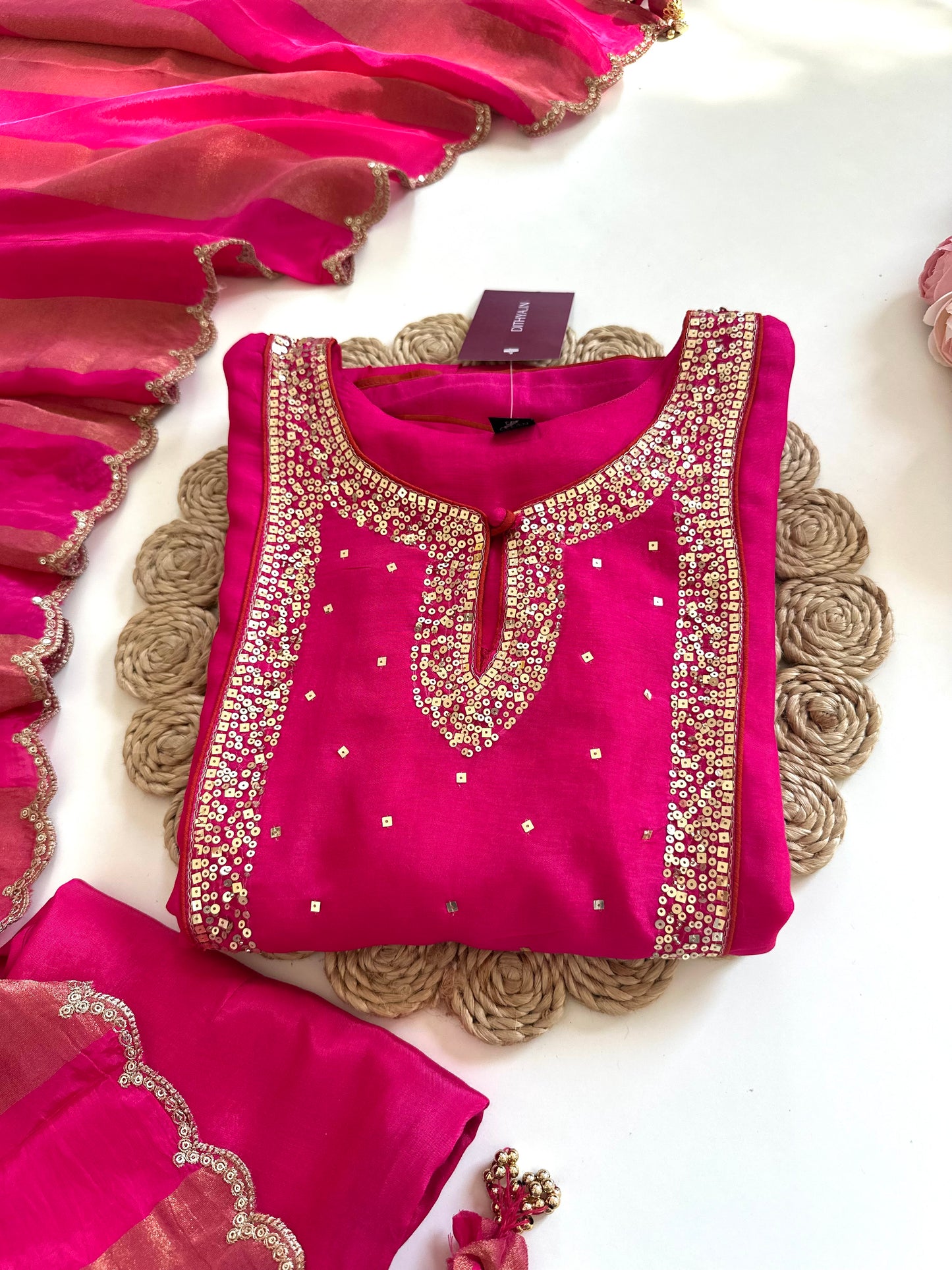 K141 - Russian silk sequins work Aline Kurti with pants and dupatta
