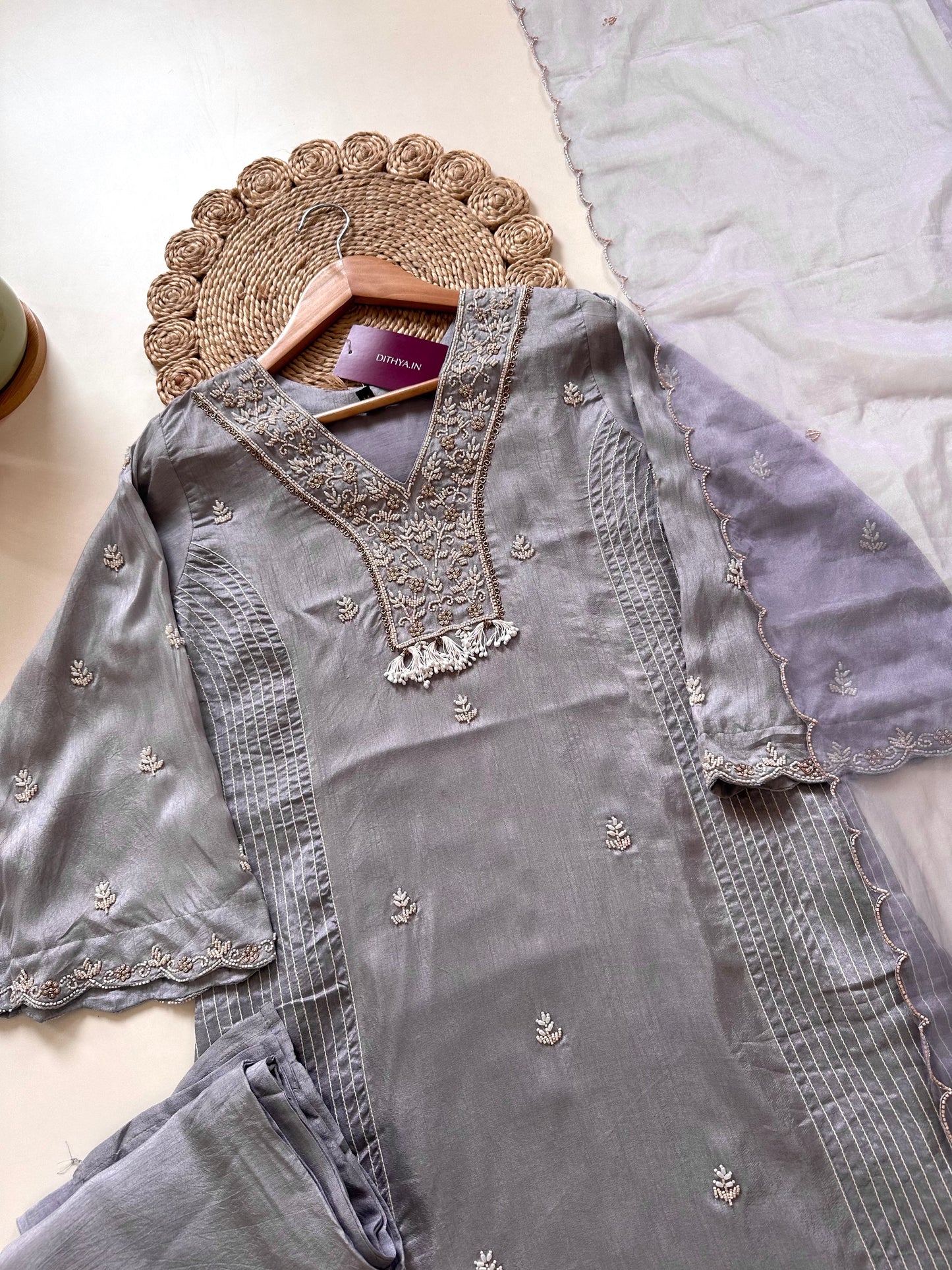 K130 - Russian silk Handwork straight kurti with pants and dupatta .