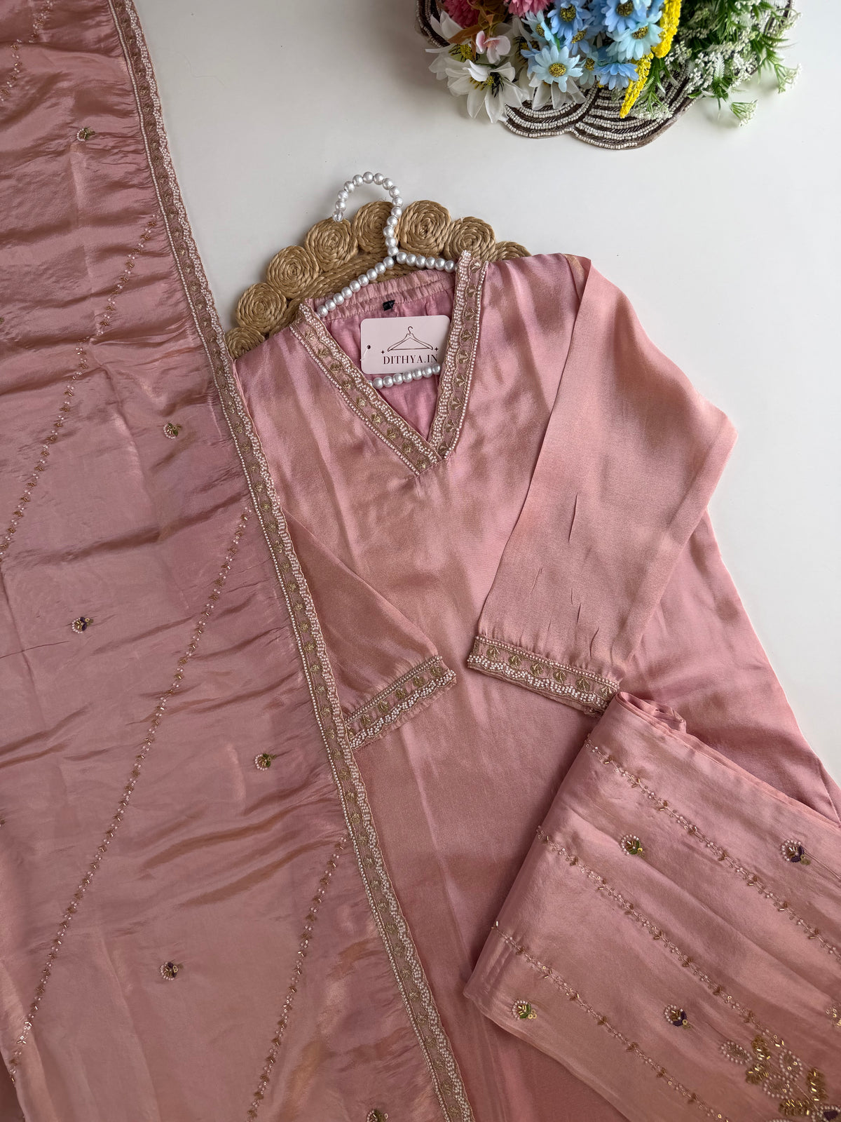 K627 - Tissue silk handwork straight Kurti with pants and dupatta