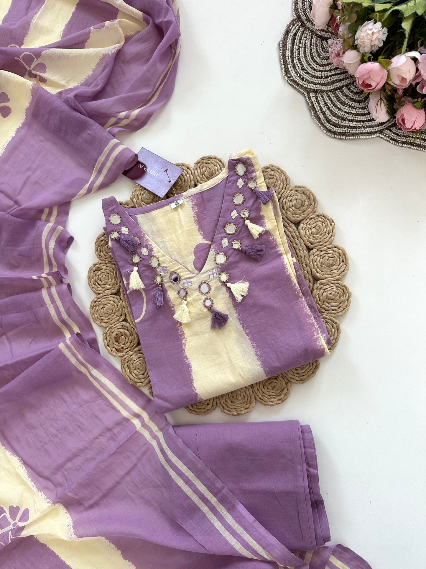 K337 - Cotton mirror work straight Kurti with pants and dupatta in 2 colours