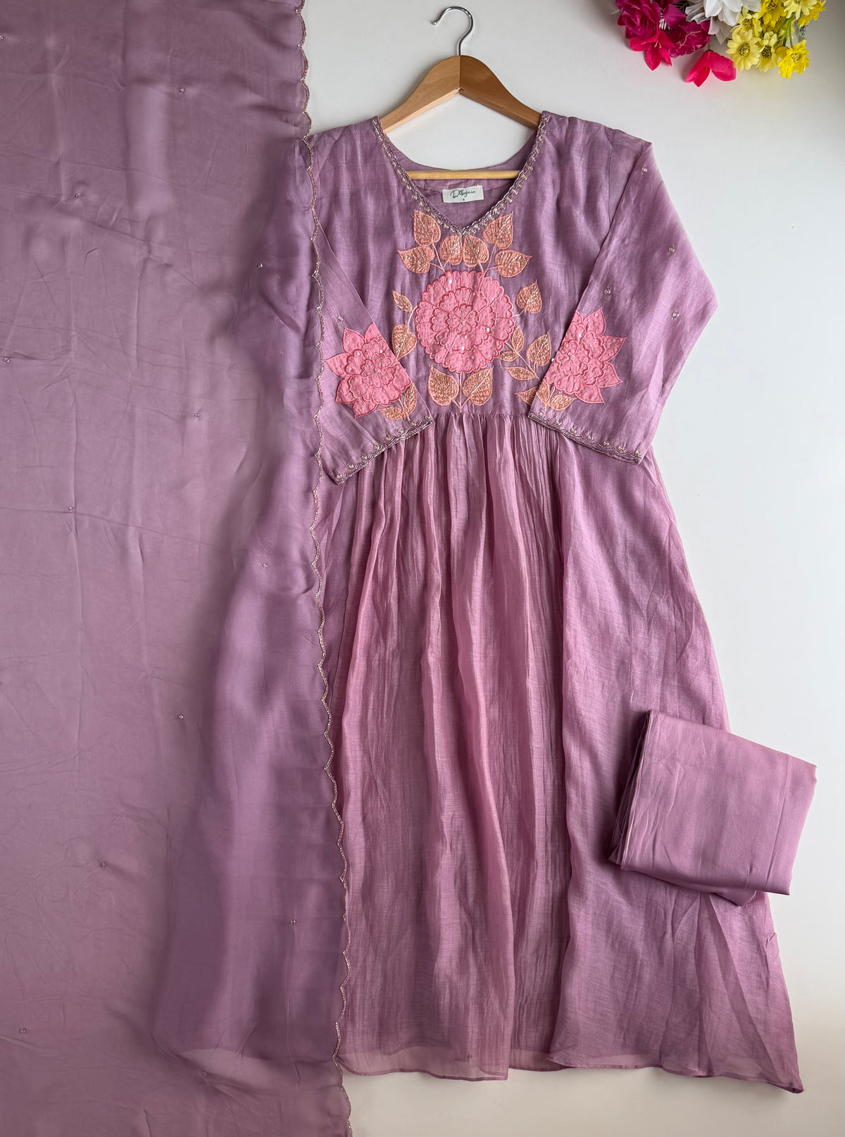 K257 - Mul chanderi handwork Anarkali with pants and dupatta
