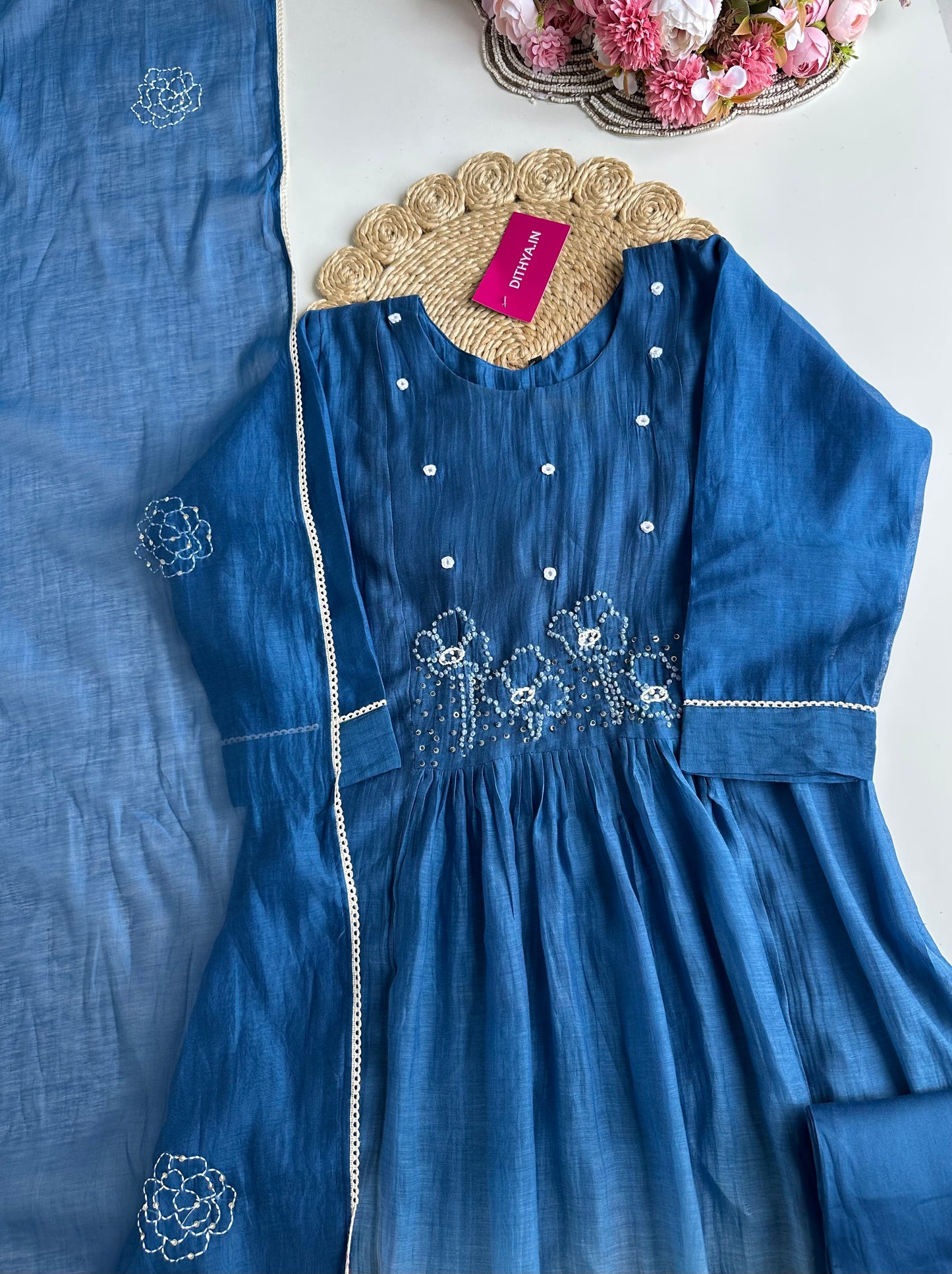 K226 - Mul Chanderi embroidered Aline Kurti with pants and dupatta