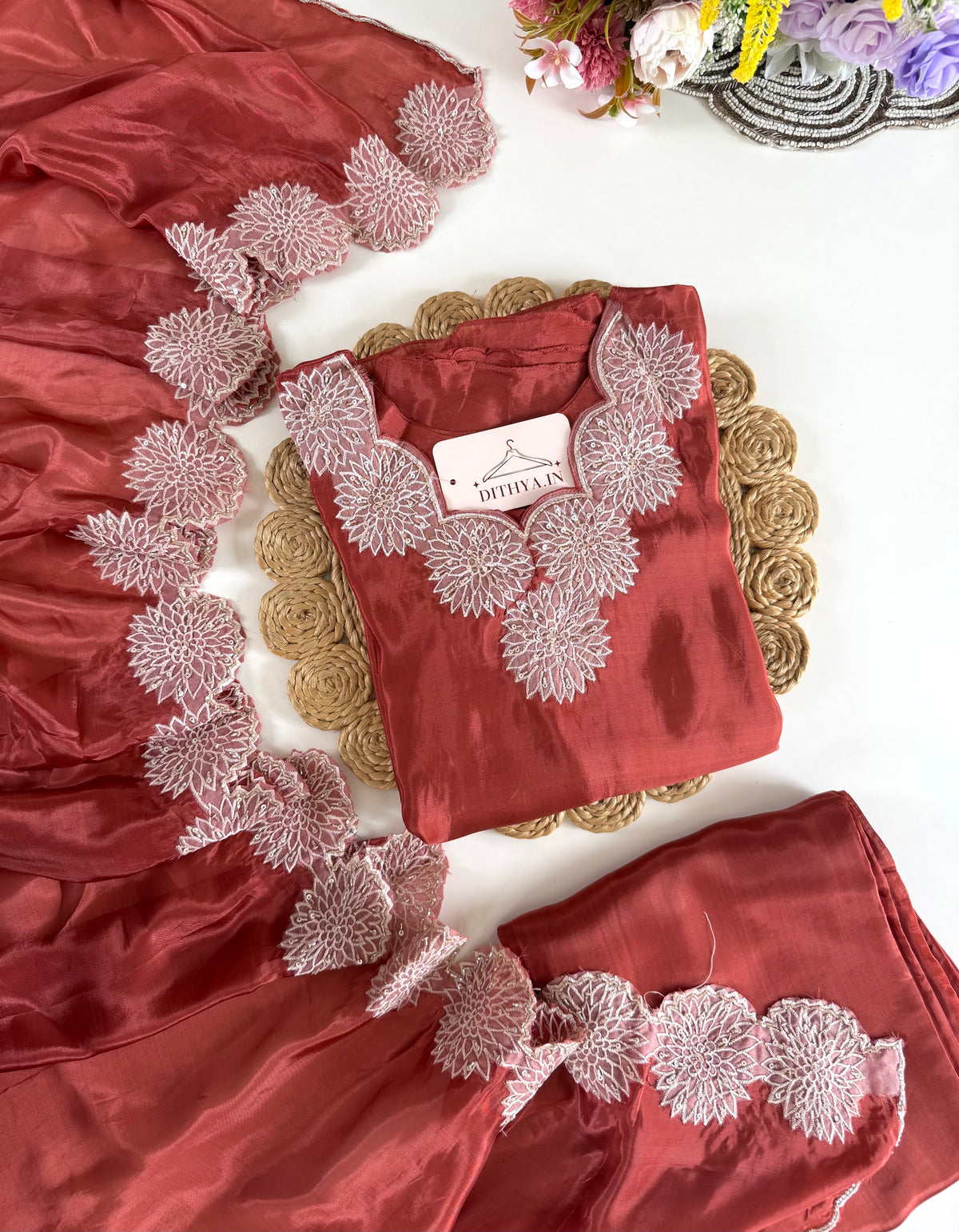 K467 - Pure Ho silk handwork aline Kurti with pants and dupatta