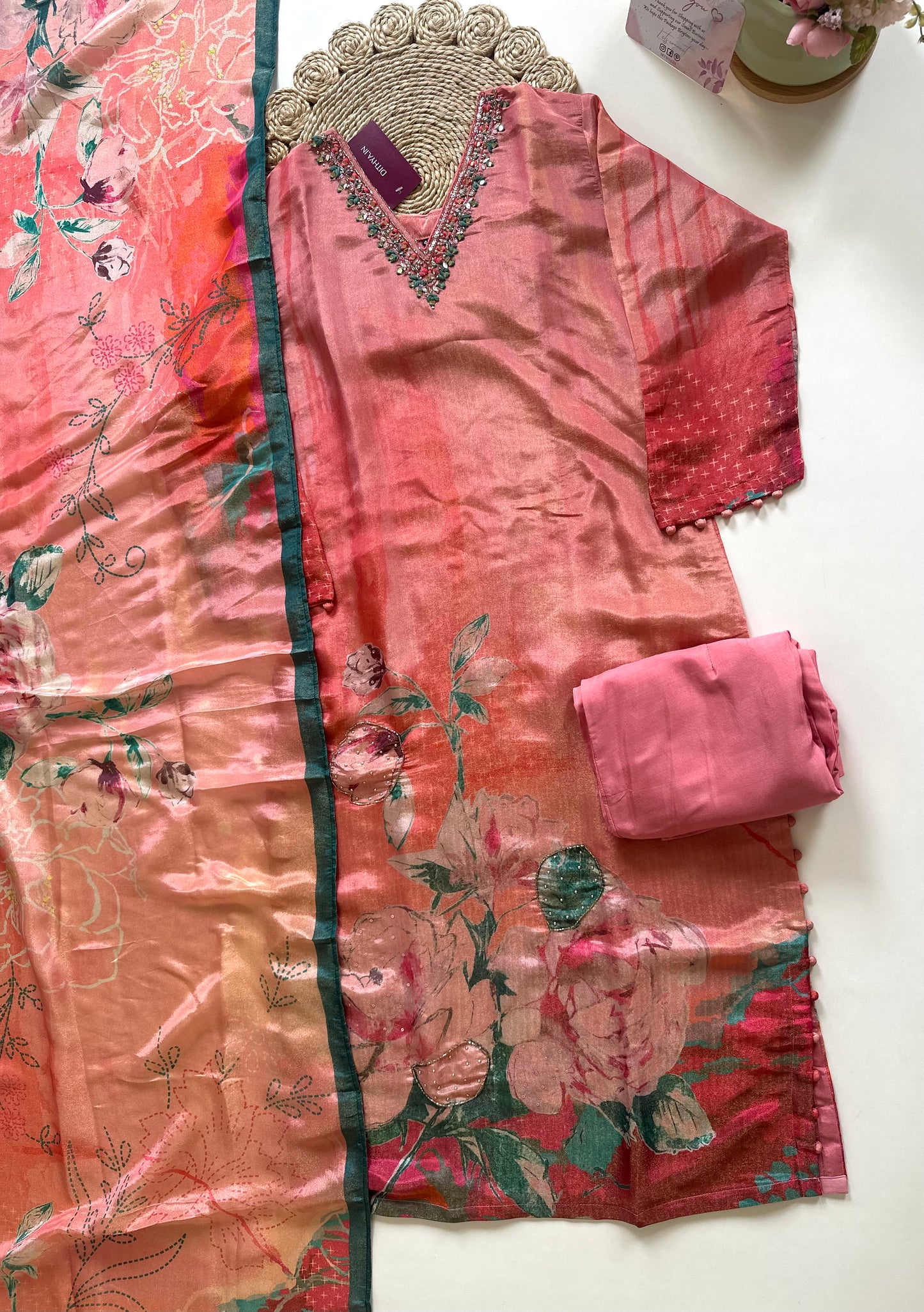 K233 - Tissue silk floral Straight Kurti with pants and dupatta