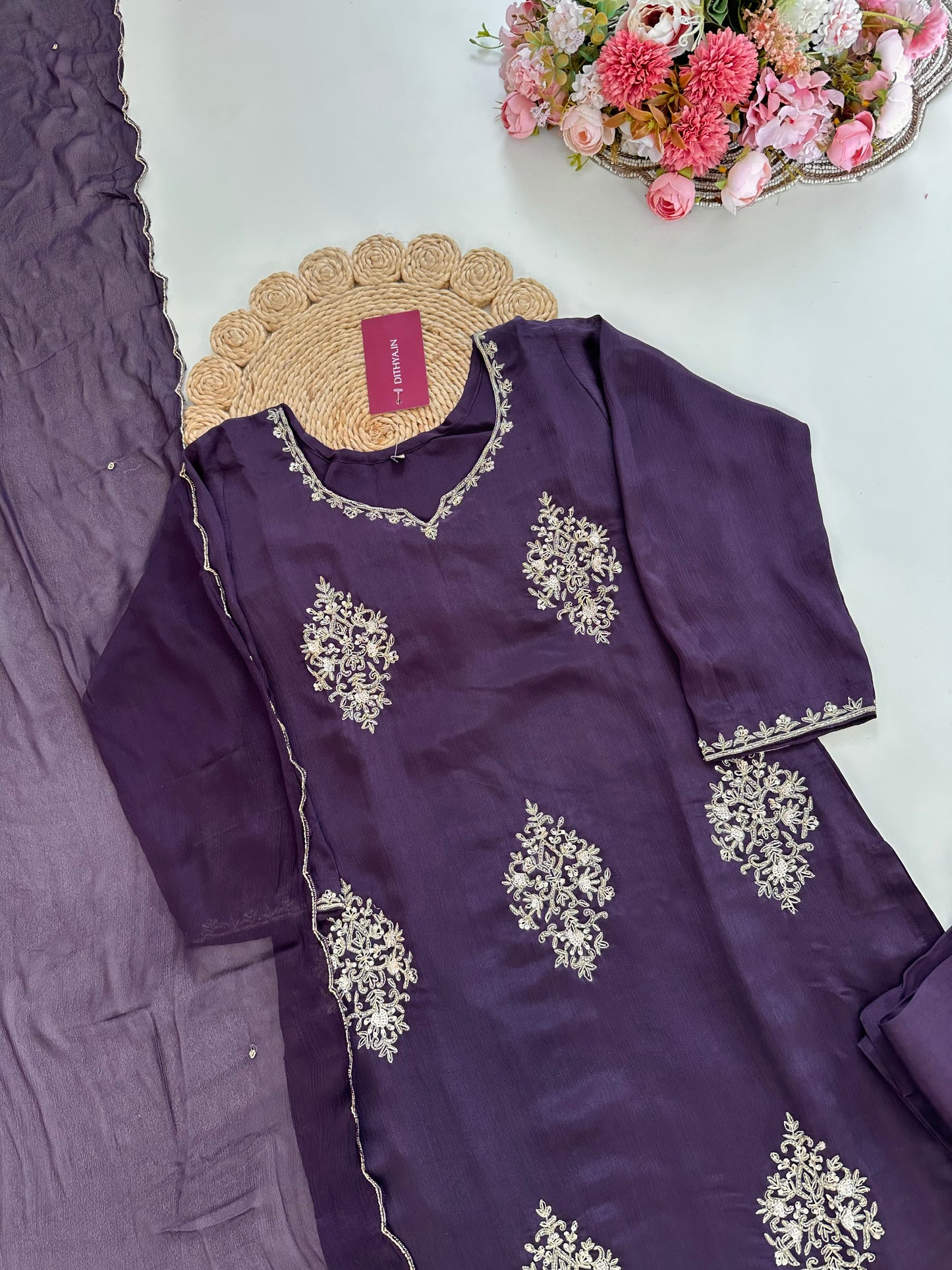 K282 - Chinnon handwork Straight Kurti with pants and dupatta