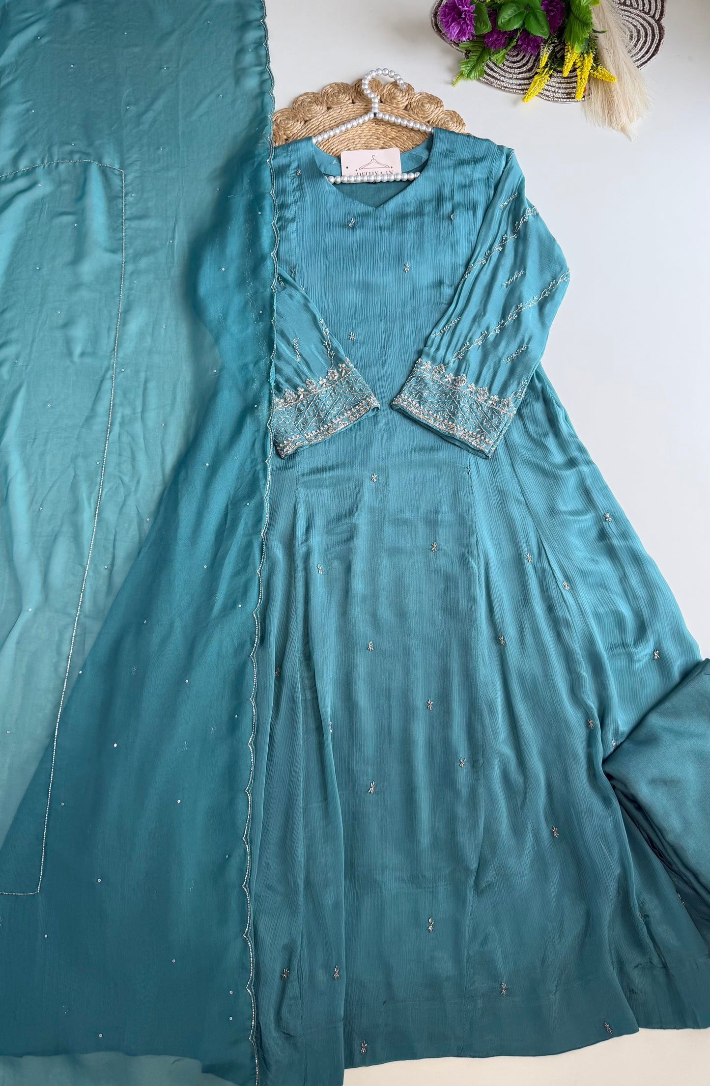 K214-Pure Chinnon Handwork Anarkali with pants and dupatta