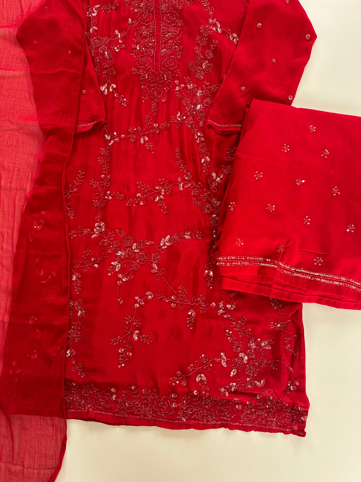 K256 - Chinnon Handwork Kurti with palazzo pants and chiffon dupatta