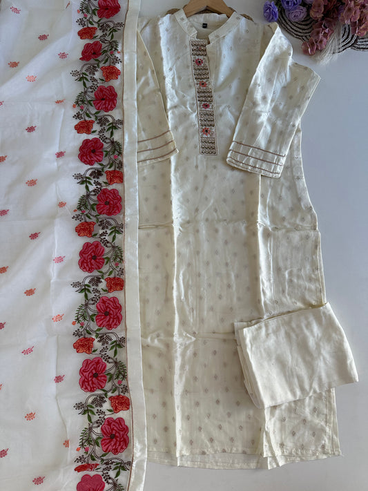 D368- Dola silk straight kurti with pants and dupatta