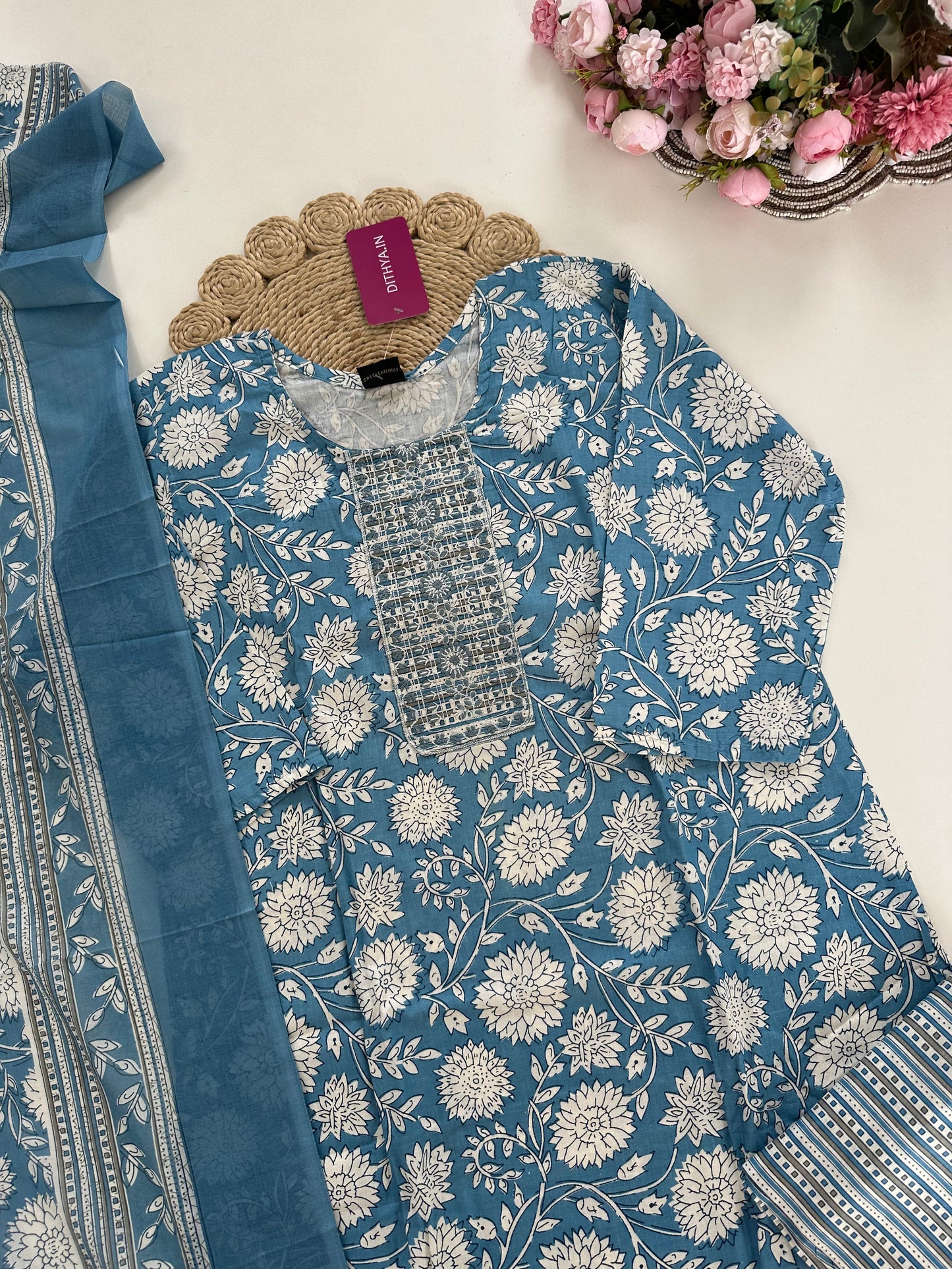 K352 - Cotton floral straight Kurti with pants and dupatta