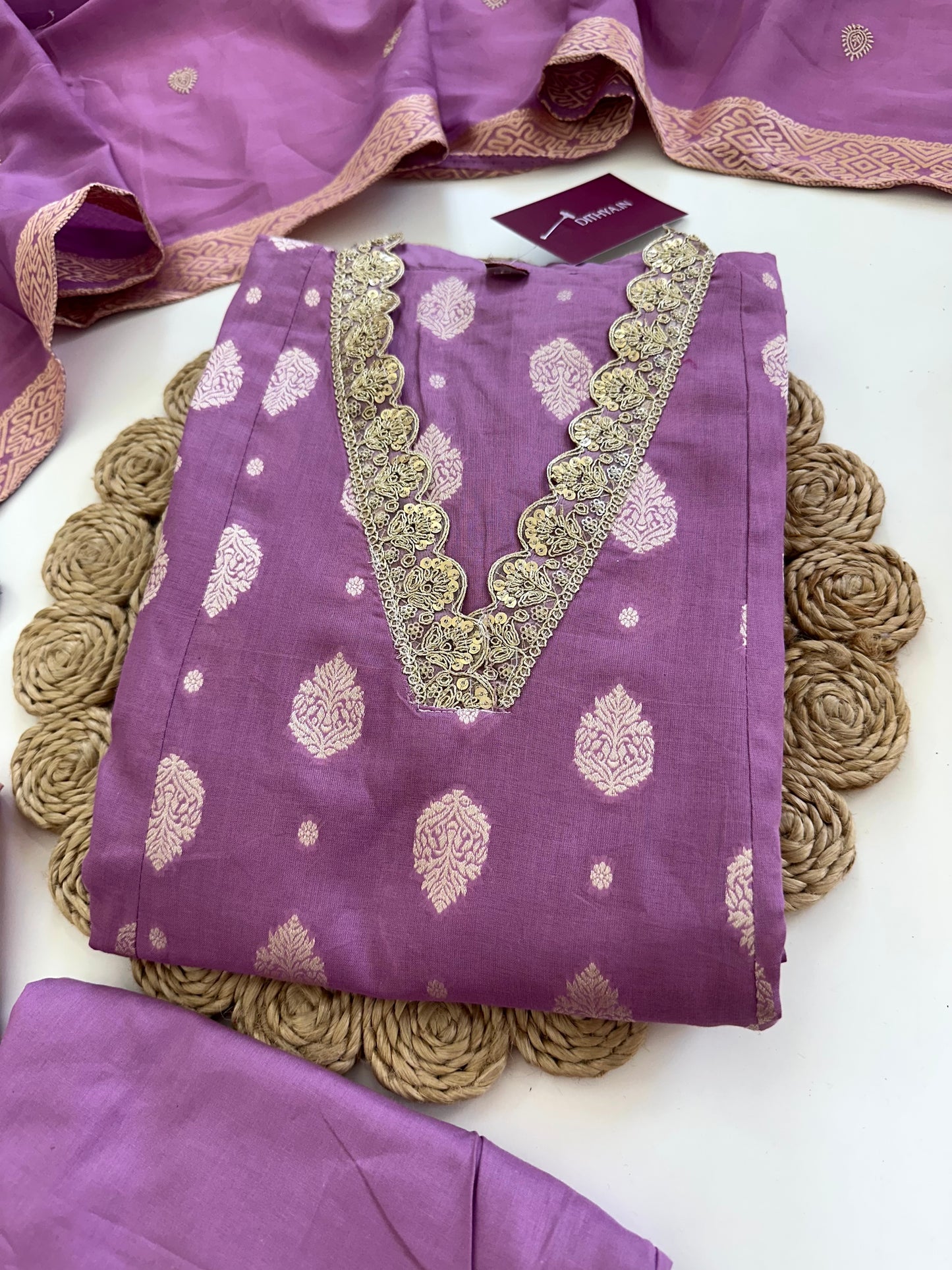 K094 - Cotton Jacquard Aline Kurti with pants and dupatta in 3 colours.